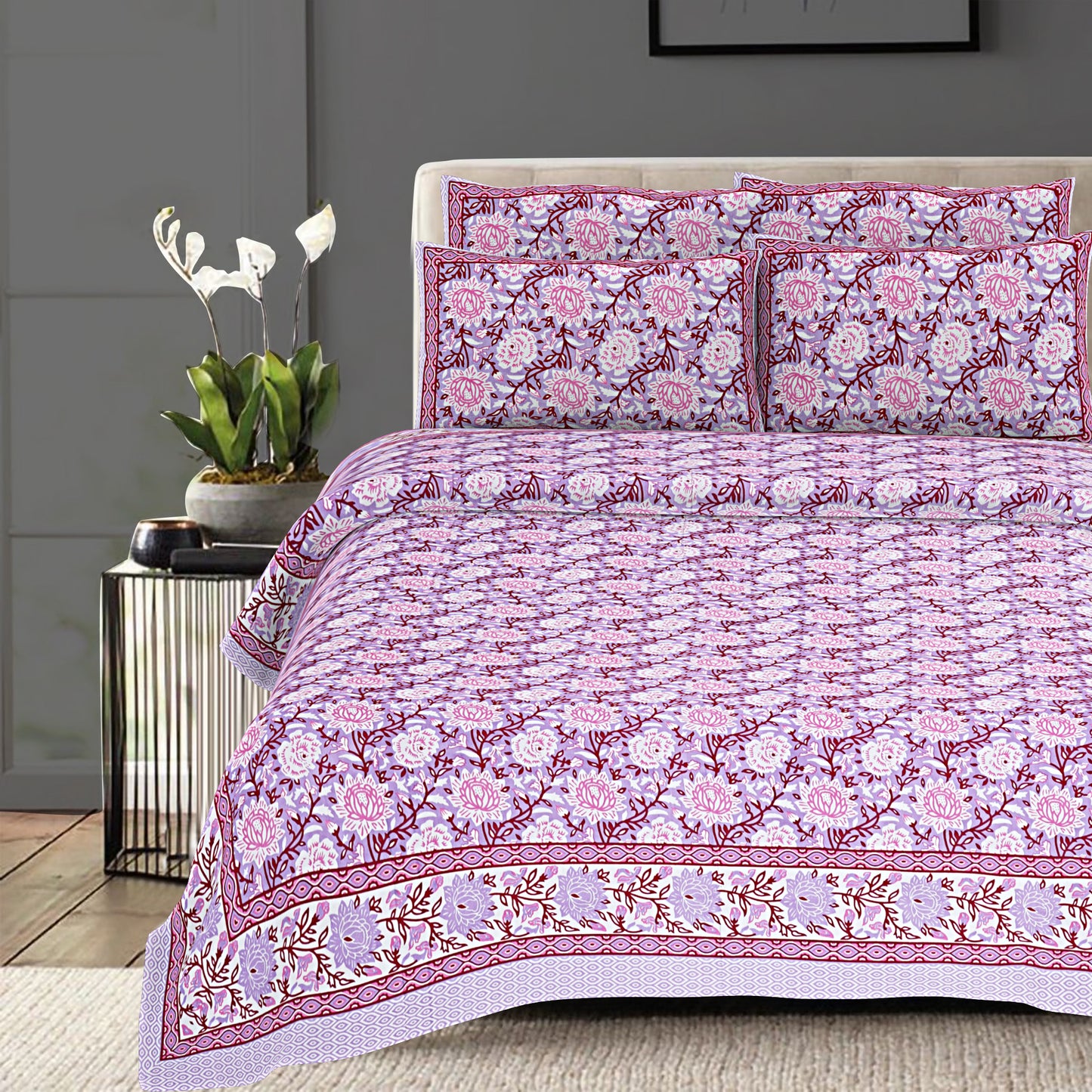100% Cotton King Size Bedsheet with 2 Pillow Cover