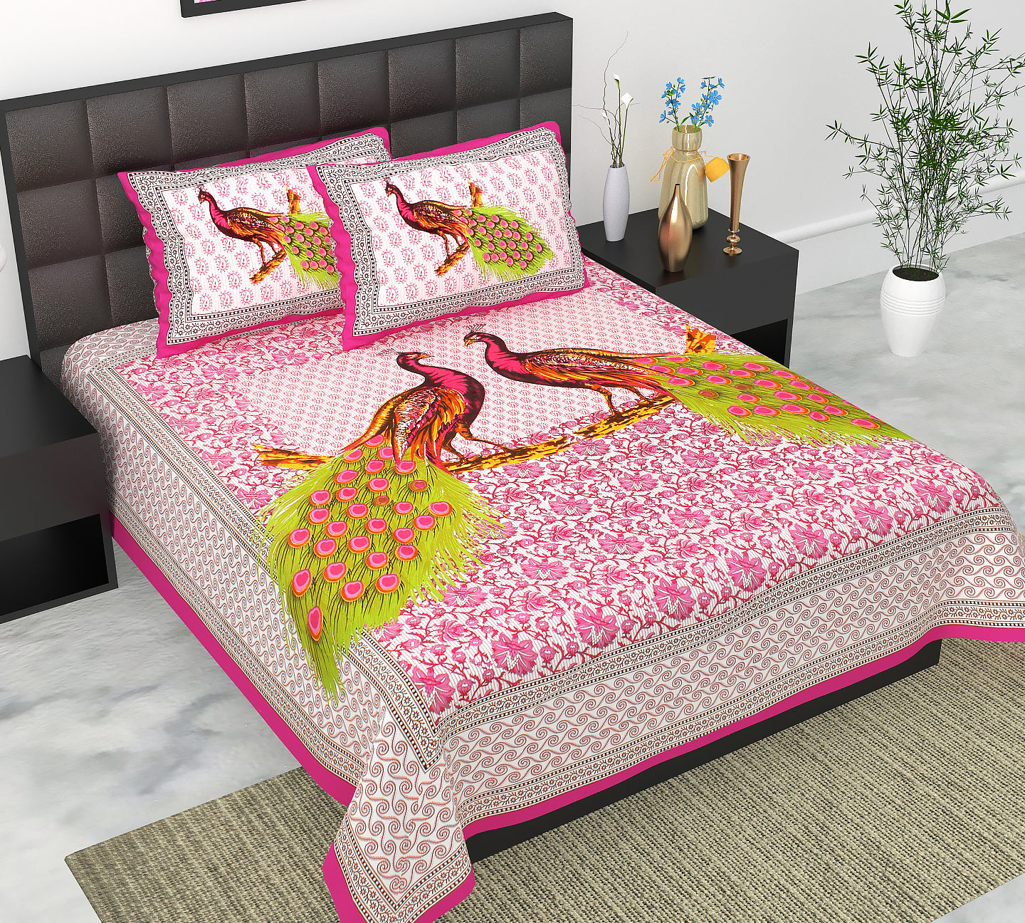 Trendy Bedsheet 100% Cotton Bedsheet 280-TC Cotton Queen Size Bedsheet With 2 Pillow Cover