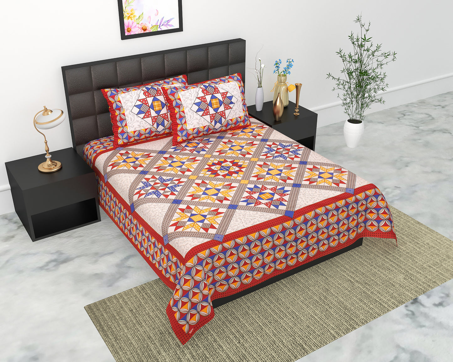Trendy Bedsheet 100% Cotton Bedsheet 280-TC Cotton Queen Size Bedsheet With 2 Pillow Cover