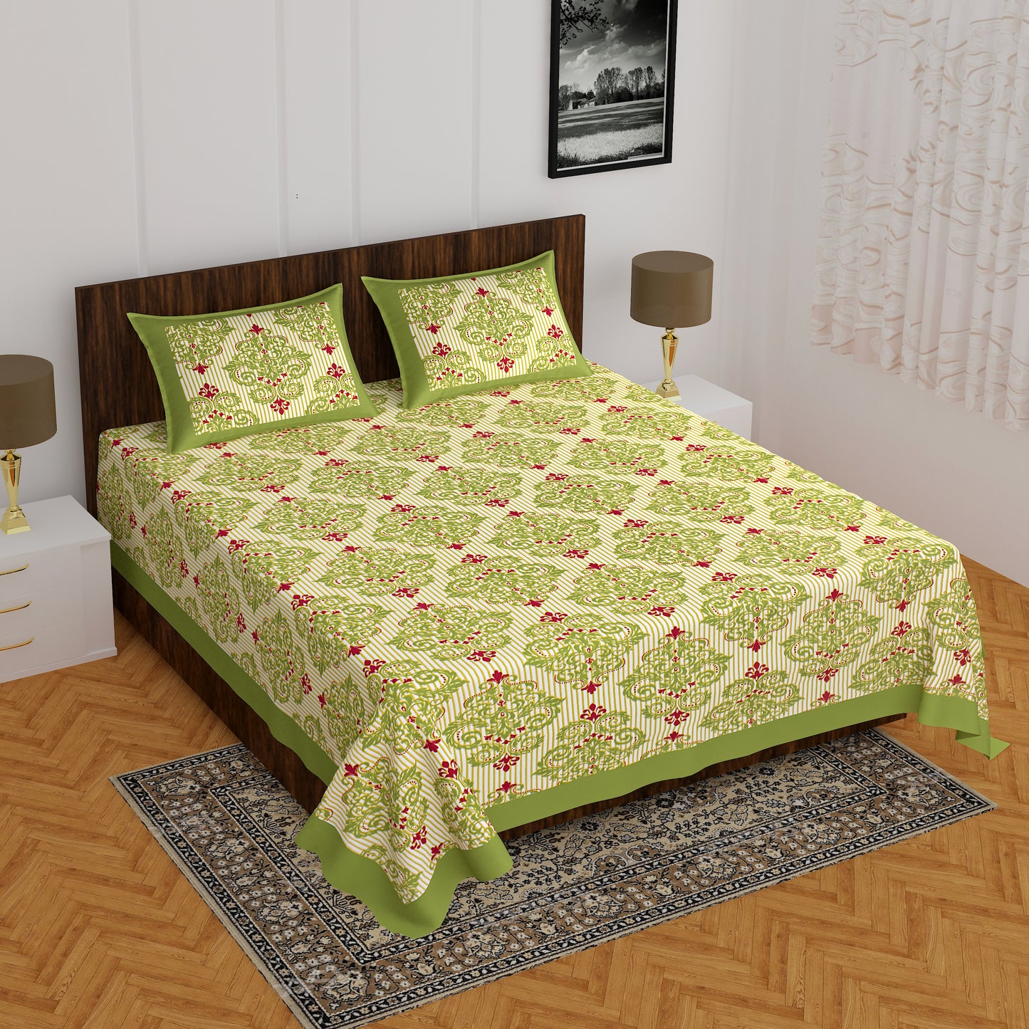 Rajasthani Trendy Bedsheet 100% Cotton Bedsheet 280-TC Cotton Queen Size Bedsheet With 2 Pillow Cover