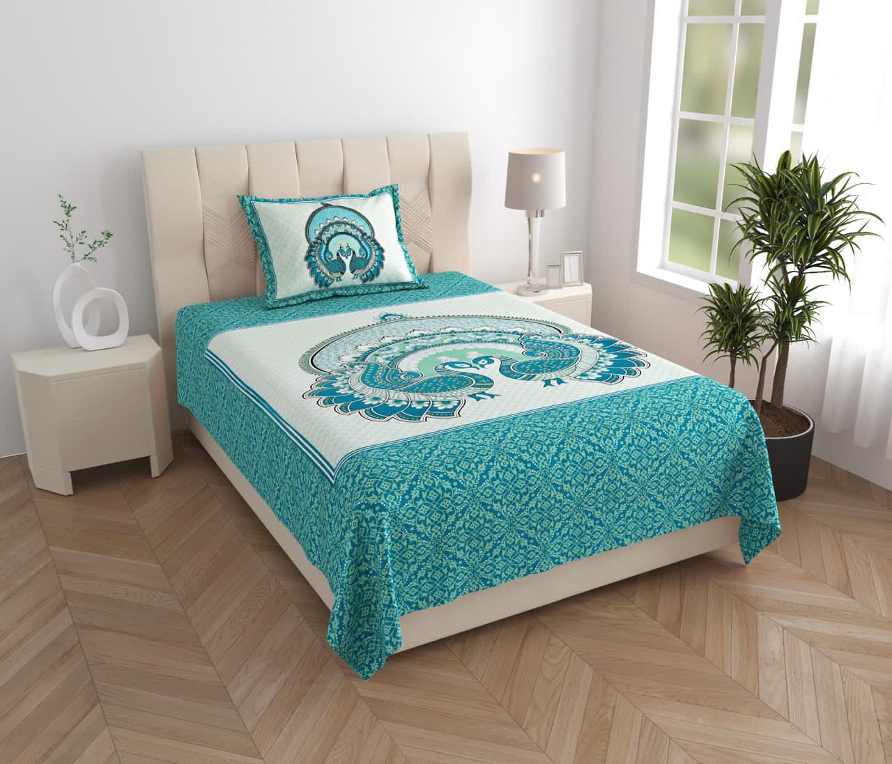 New Peacock Print Jaipuri 100% Cotton Single Bedsheet