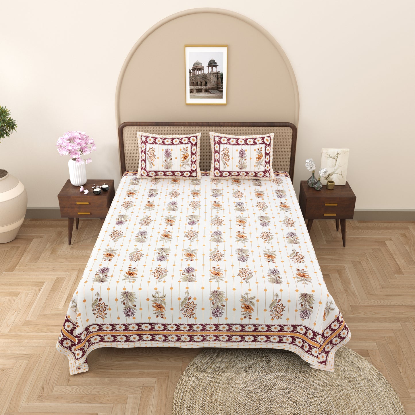 100% Cotton King Size Bedsheet with 2 Pillow Cover Set