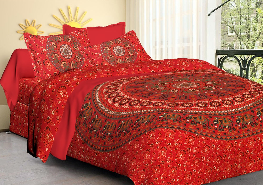 Red Mandala King Bedsheet Tapestry with 2 Pillow Covers JAIPUR PRINTS