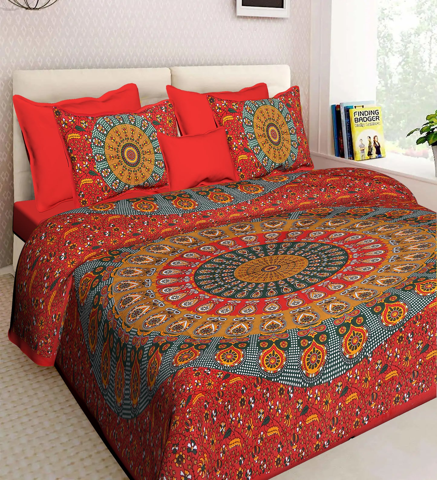 Jaipuri 100% Cotton Double Size Bedsheet with 2 Pillow Covers ( Red , 280 TC ) JAIPUR PRINTS
