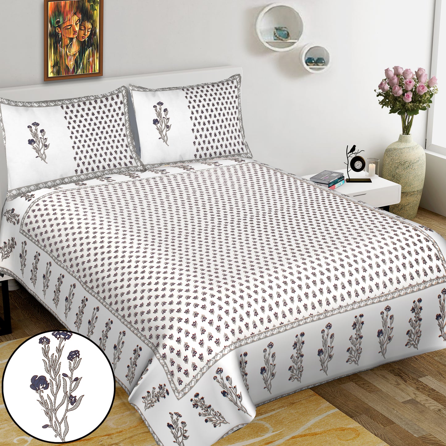 Jaipuri Bedsheet 100% Cotton Rajasthani Traditional Super King Size Bedsheet with 2 Pillow Cover 100*108 www,JaipurToHome.com