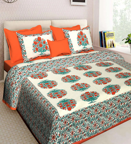 Jaipuri 100% Cotton Double Size Bedsheet with 2 Pillow Covers ( Orange , 280 TC ) JAIPUR PRINTS