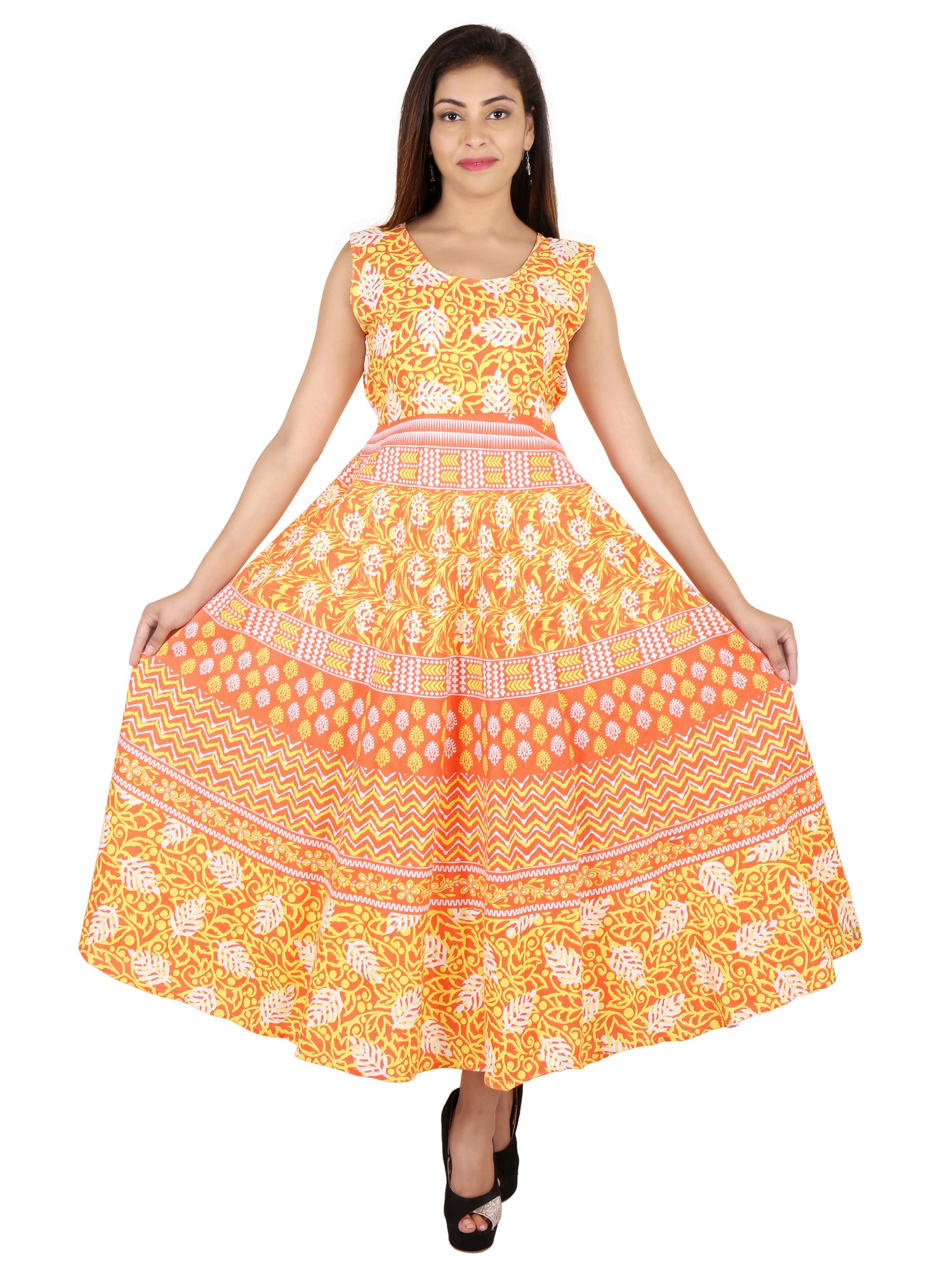 Jaipuri Women Cotton  Semi-Stitched Fabric Maxi Dress -Free Size JAIPUR PRINTS