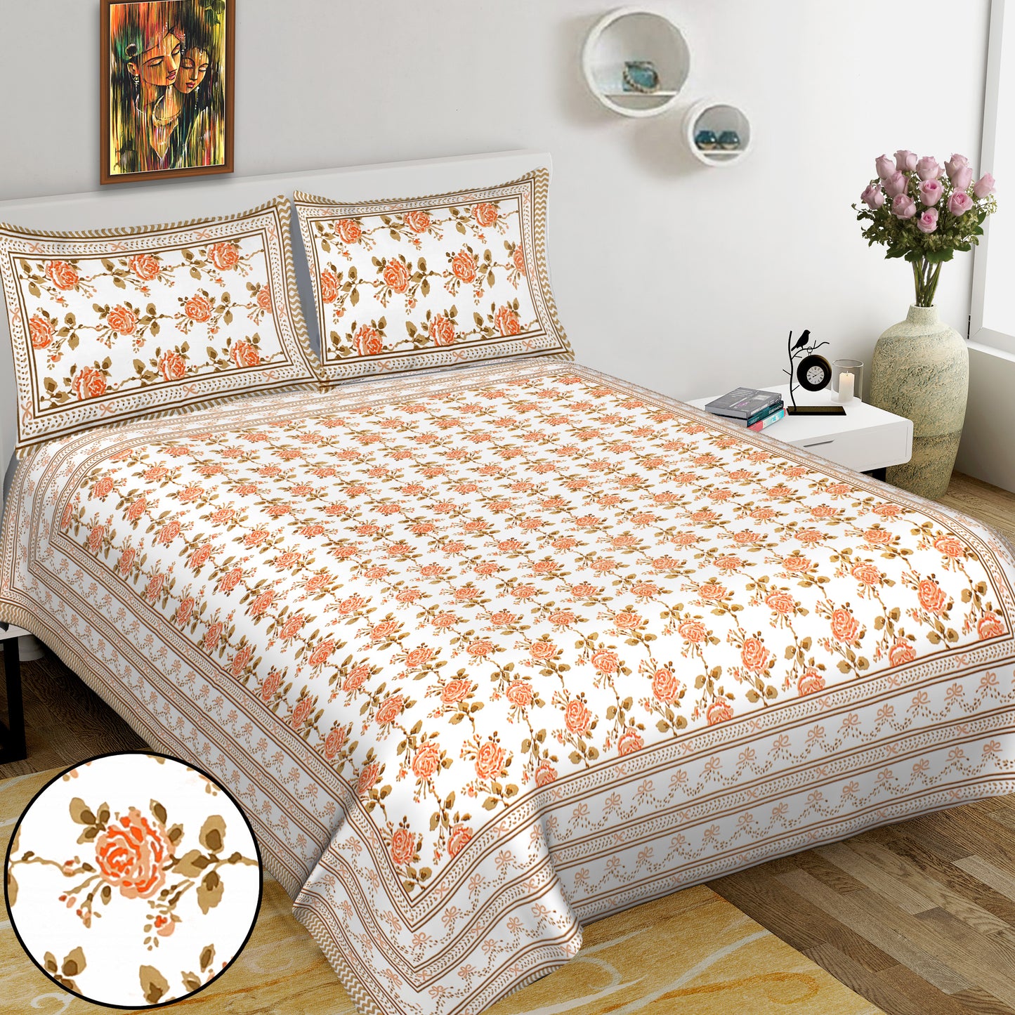 Jaipuri Bedsheet 100% Cotton Rajasthani Traditional Super King Size Bedsheet with 2 Pillow Cover 100*108 www,JaipurToHome.com