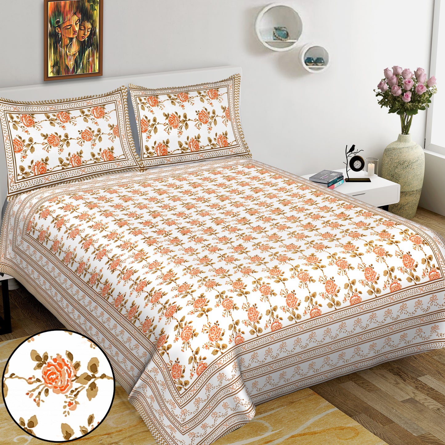 Jaipuri Bedsheet 100% Cotton Rajasthani Traditional Super King Size  Bedsheet with 2 Pillow Cover 100*108 www,JaipurToHome.com