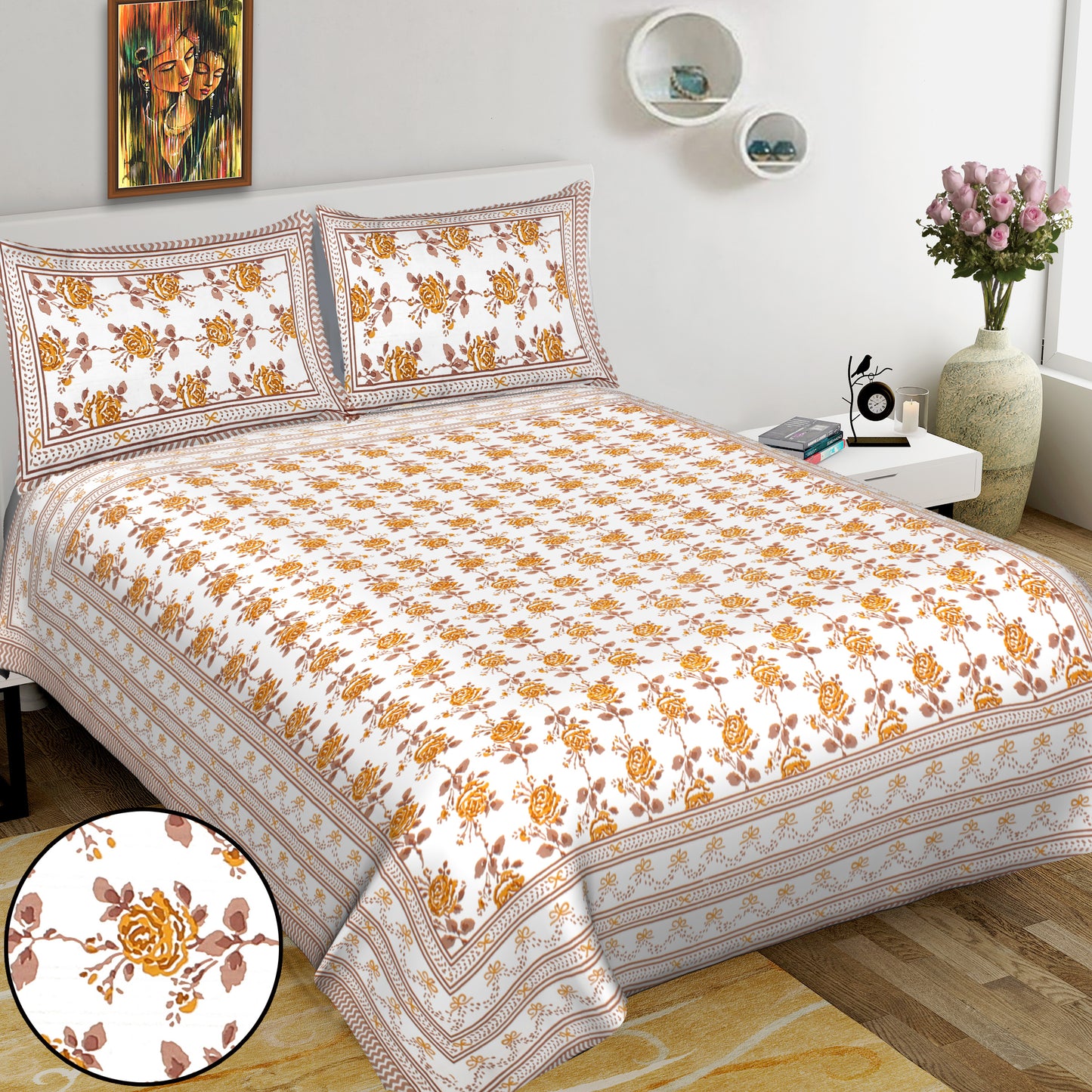 Jaipuri Bedsheet 100% Cotton Rajasthani Traditional Super King Size Bedsheet with 2 Pillow Cover 100*108 www,JaipurToHome.com