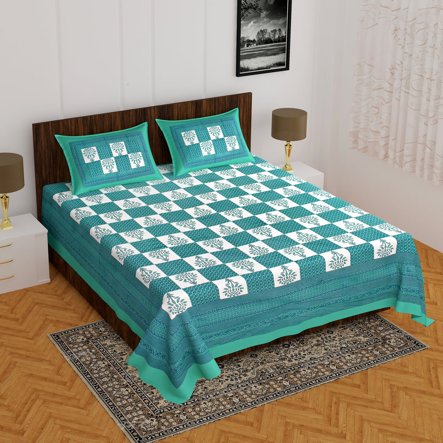 Jaipuri 100% Cotton Rajasthani Jaipuri Queen Size Bedsheet with 2 Pillow Cover. www.jaipurtohome.com