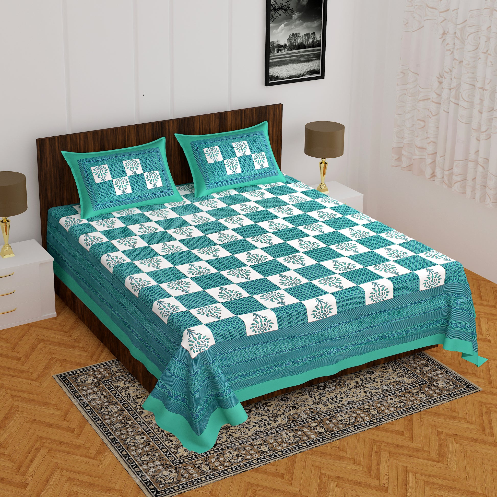 Jaipuri 100% Cotton Rajasthani Jaipuri Queen Size Bedsheet with 2 Pillow Cover. www.jaipurtohome.com