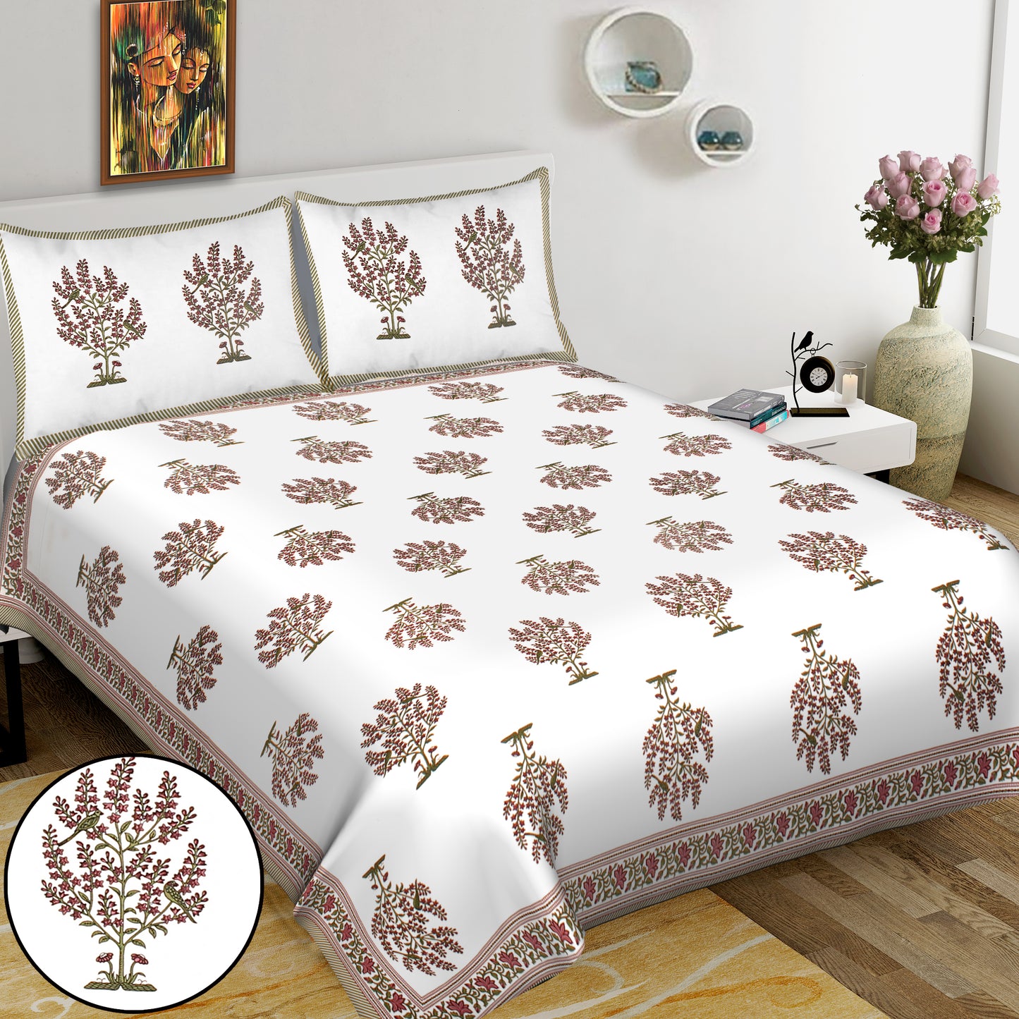 Jaipuri Bedsheet 100% Cotton Rajasthani Traditional Super King Size Bedsheet with 2 Pillow Cover 100*108 www,JaipurToHome.com
