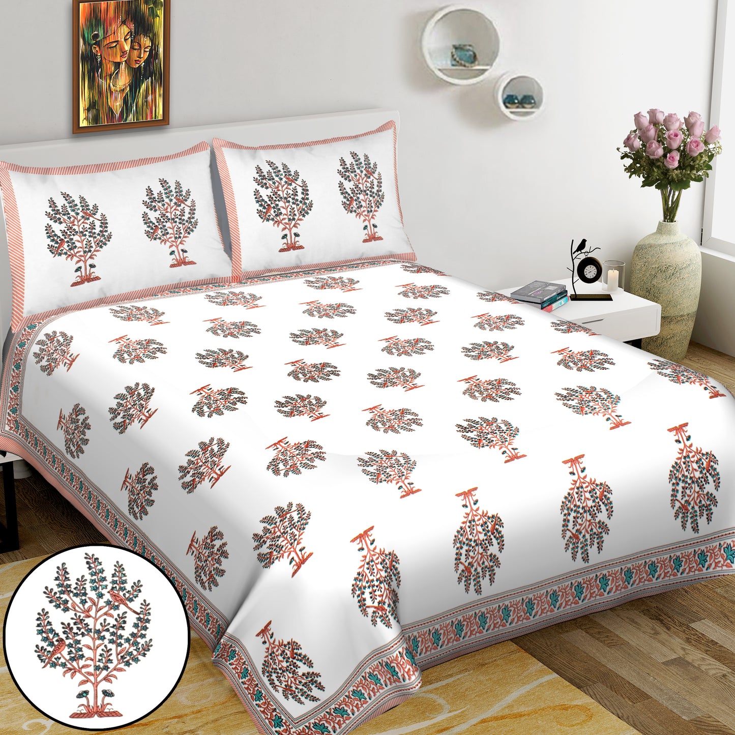 Jaipuri Bedsheet 100% Cotton Rajasthani Traditional Super King Size Bedsheet with 2 Pillow Cover 100*108 www,JaipurToHome.com