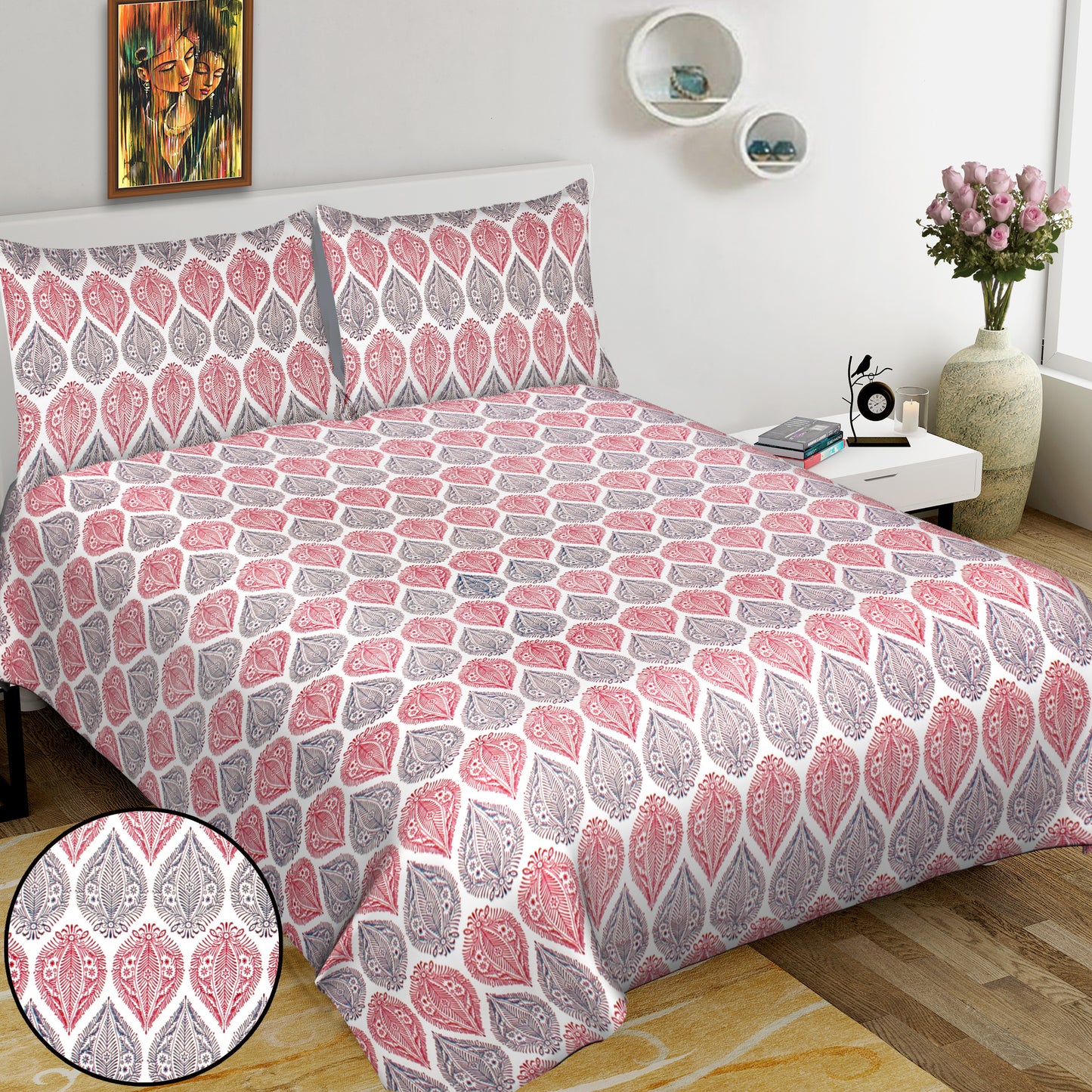 Jaipuri Bedsheet 100% Cotton Rajasthani Traditional Super King Size Bedsheet with 2 Pillow Cover 100*108 www,JaipurToHome.com