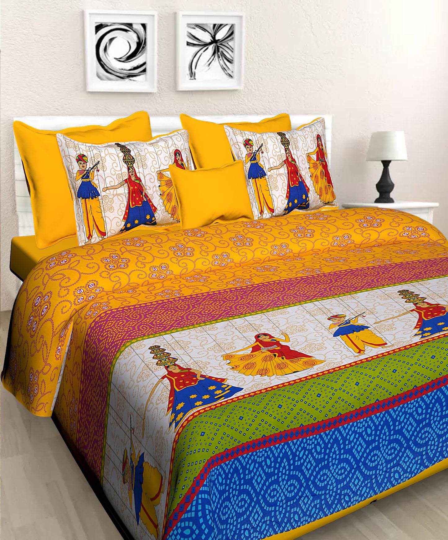 Jaipuri 100%  Cotton Double Size Bedsheet ( Yellow 280 TC ) JAIPUR PRINTS