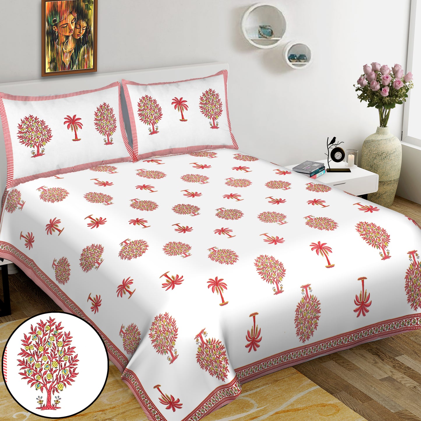 Jaipuri Bedsheet 100% Cotton Rajasthani Traditional Super King Size Bedsheet with 2 Pillow Cover 100*108 www,JaipurToHome.com
