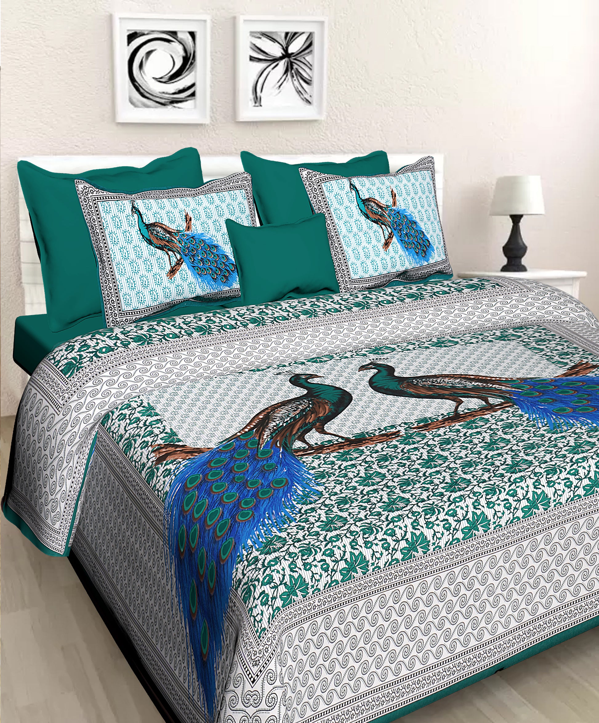 Jaipuri 100% Cotton Peacock Print Double Size Bedsheet ( 280 TC ) www.jaipurtohome.com