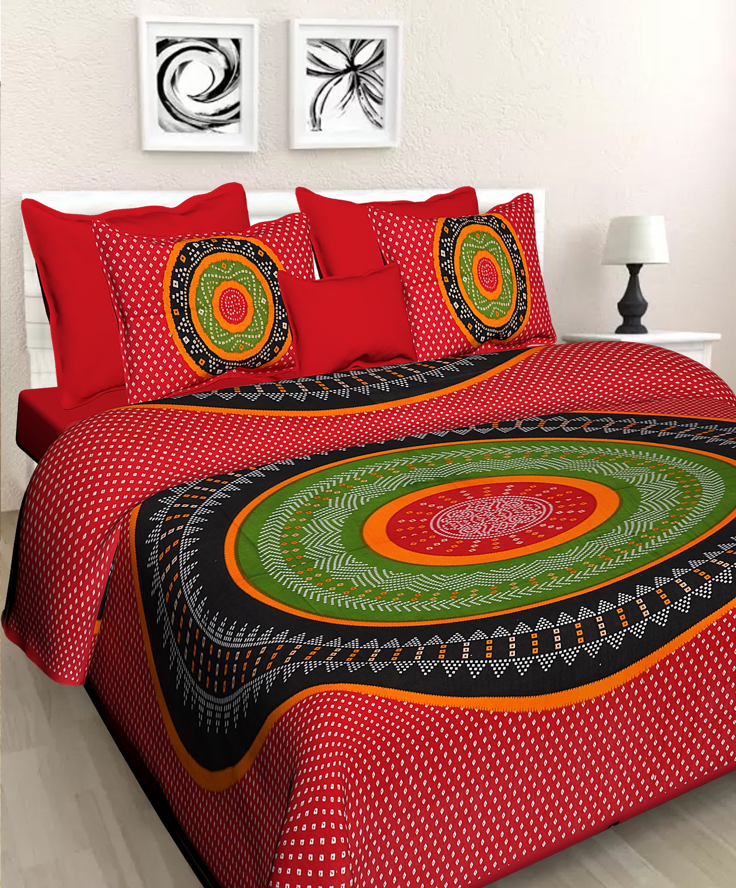 Jaipuri 100% Cotton Double Size Bedsheet with 2 Pillow Covers ( Red , 280 TC ) JAIPUR PRINTS