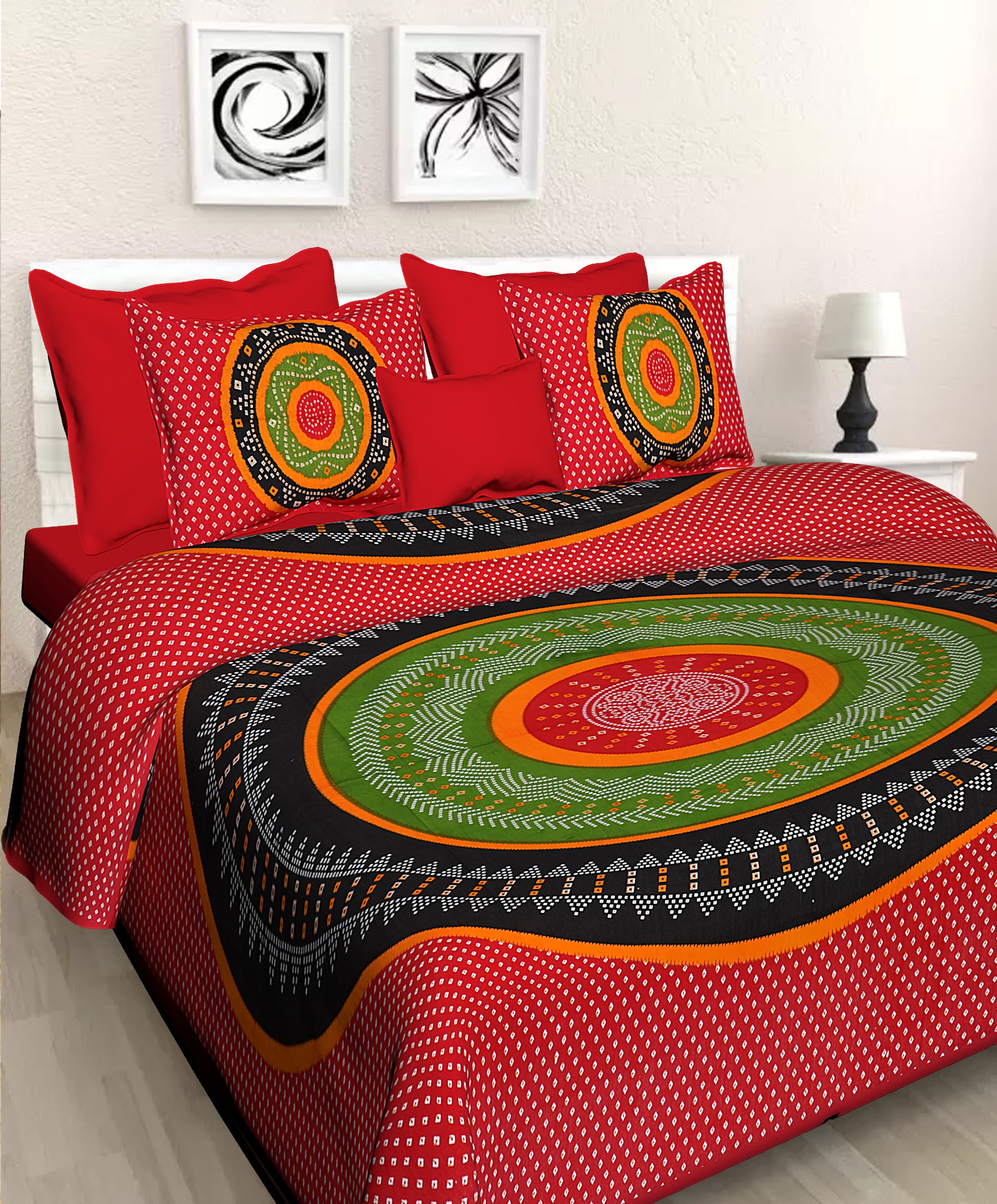 Jaipuri 100% Cotton Double Size Bedsheet with 2 Pillow Covers ( Red , 280 TC ) JAIPUR PRINTS