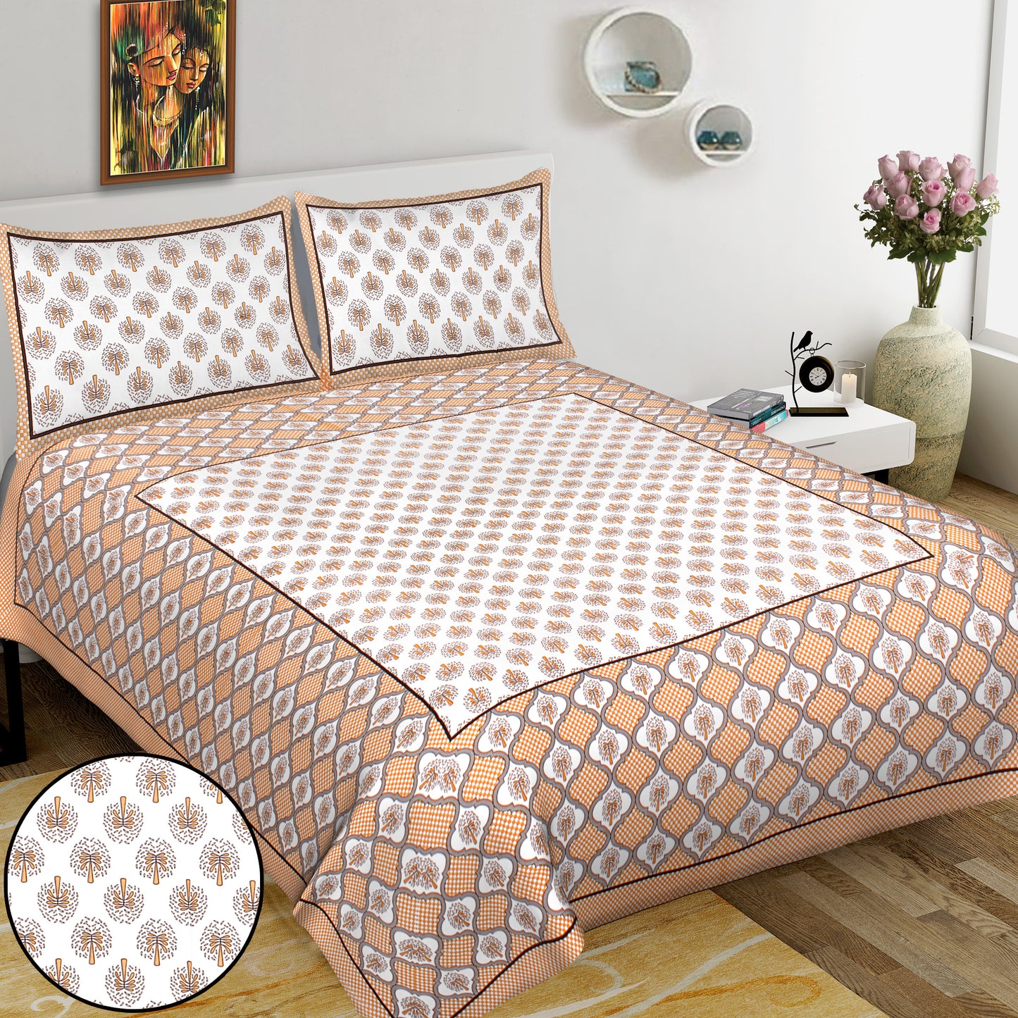 Jaipuri Bedsheet 100% Cotton Rajasthani Traditional Super King Size Bedsheet with 2 Pillow Cover 100*108 www,JaipurToHome.com