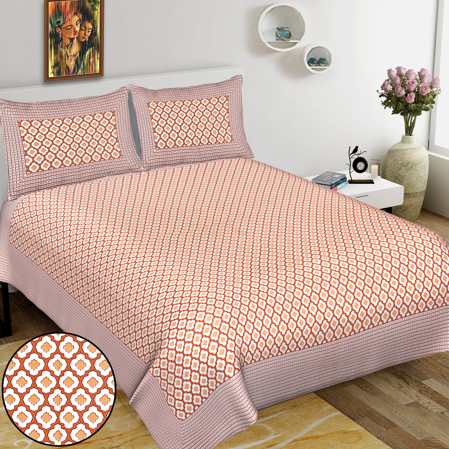 Jaipuri Bedsheet 100% Cotton Rajasthani Traditional Super King Size Bedsheet with 2 Pillow Cover 100*108 www,JaipurToHome.com