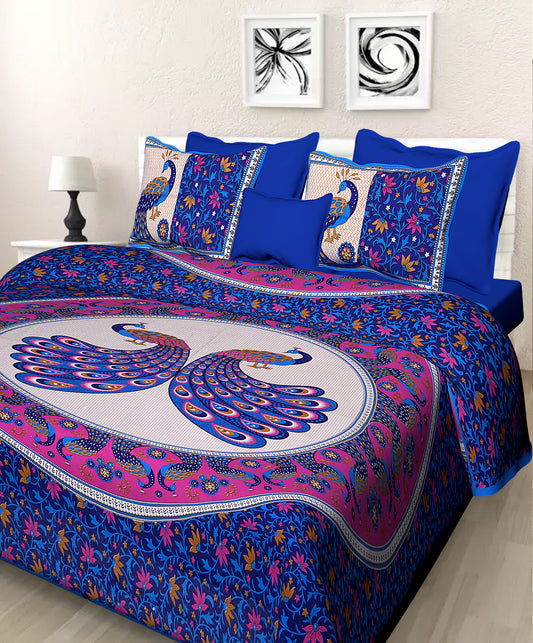 Jaipuri 100% Cotton Double Size Bedsheet with 2 Pillow Covers ( Blue , 280 TC ) JAIPUR PRINTS