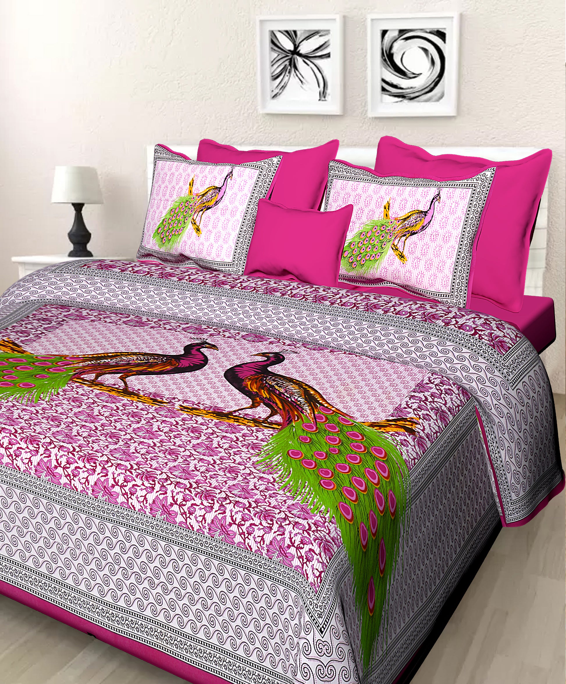 Jaipuri 100% Cotton Peacock Print Double Size Bedsheet ( 280 TC ) www.jaipurtohome.com