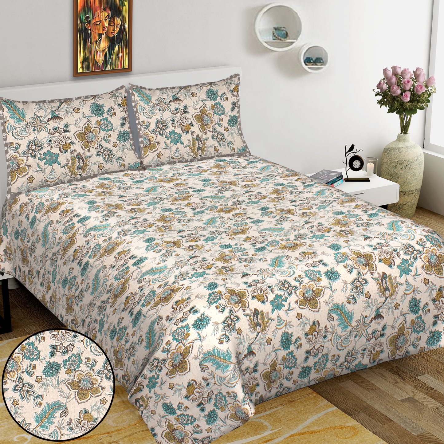 Jaipuri Bedsheet 100% Cotton Rajasthani Traditional Super King Size Bedsheet with 2 Pillow Cover 100*108 www,JaipurToHome.com