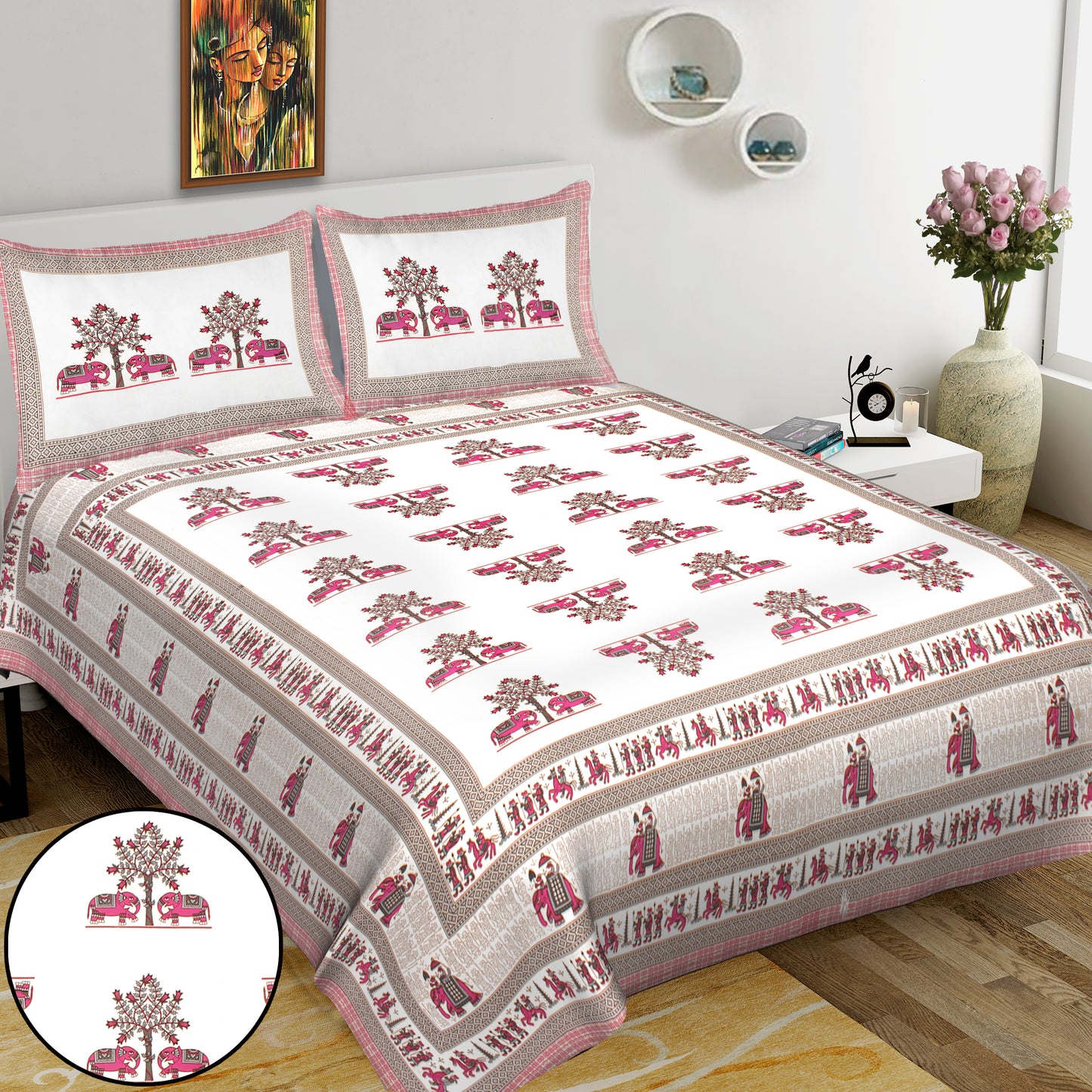 Jaipuri Bedsheet 100% Cotton Rajasthani Traditional Super King Size Bedsheet with 2 Pillow Cover 100*108 www,JaipurToHome.com