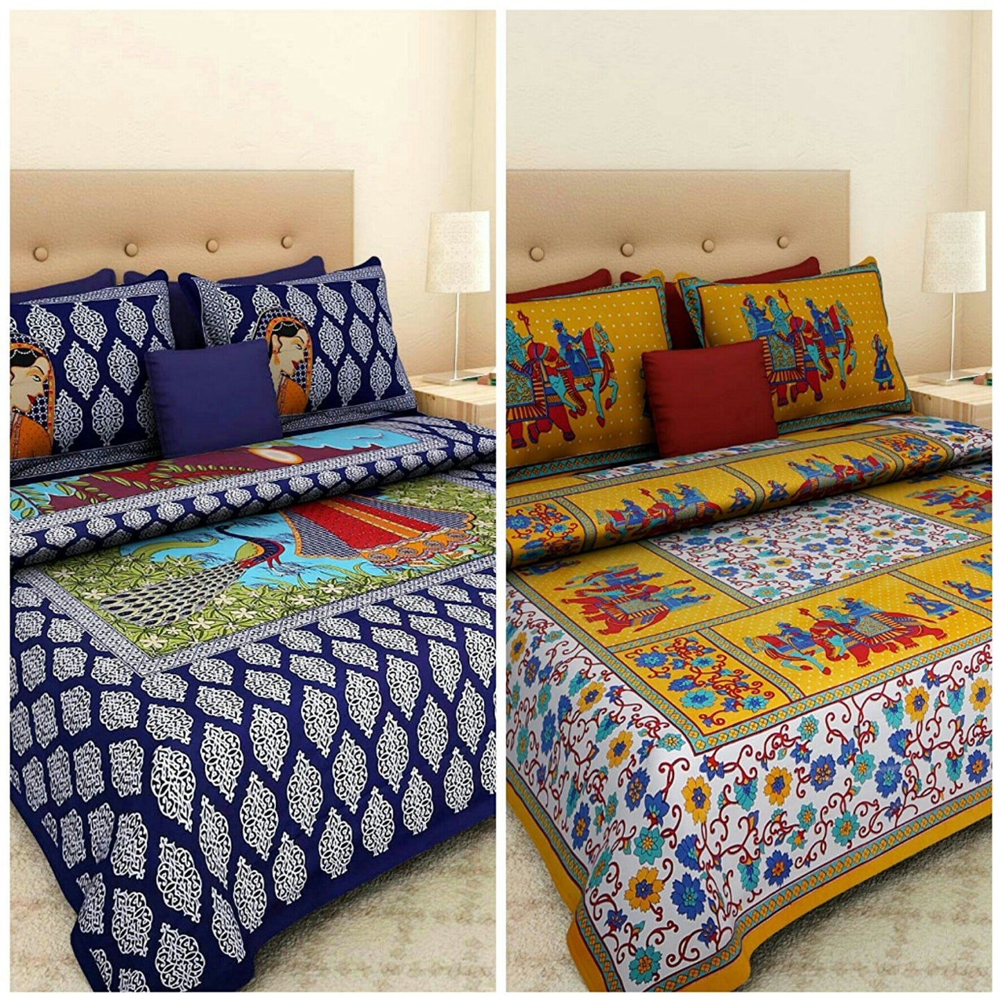 Jaipur Prints 100 % Cotton Jaipuri Rajasthani Double 2 Bedsheet Combo with 4 Pillow Cover JAIPUR PRINTS