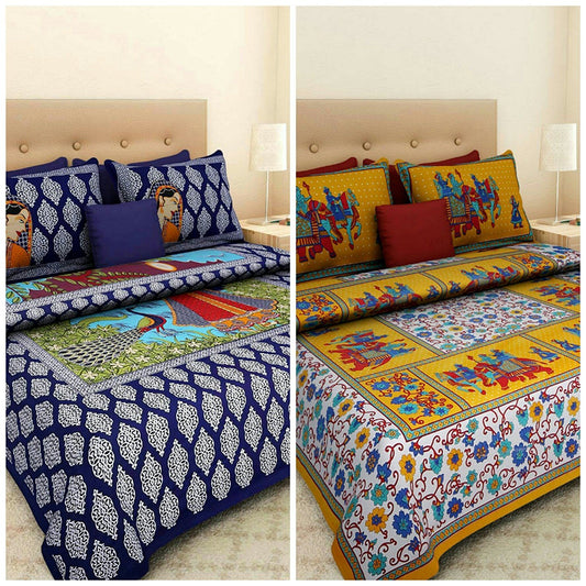 Jaipur Prints 100 % Cotton Jaipuri Rajasthani Double 2 Bedsheet Combo with 4 Pillow Cover JAIPUR PRINTS