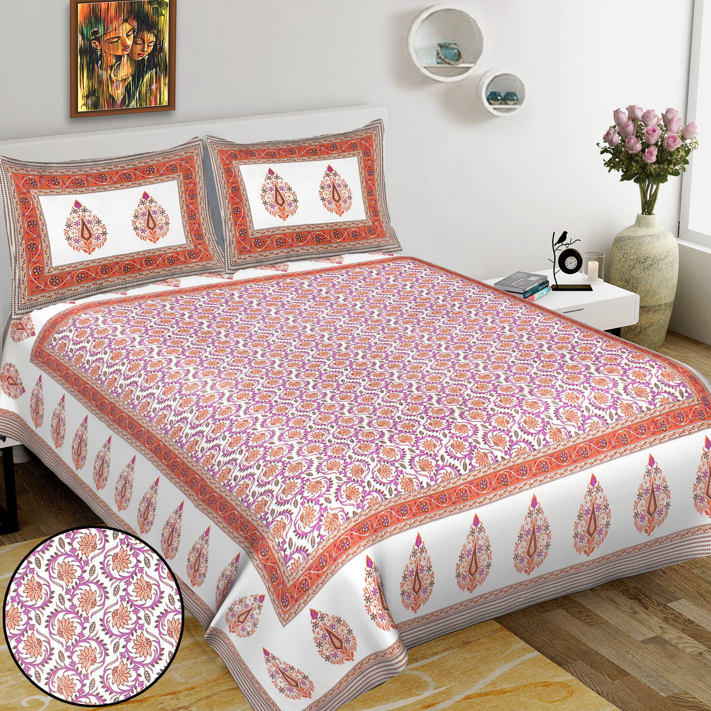 Jaipuri Bedsheet 100% Cotton Rajasthani Traditional Super King Size Bedsheet with 2 Pillow Cover 100*108 www,JaipurToHome.com