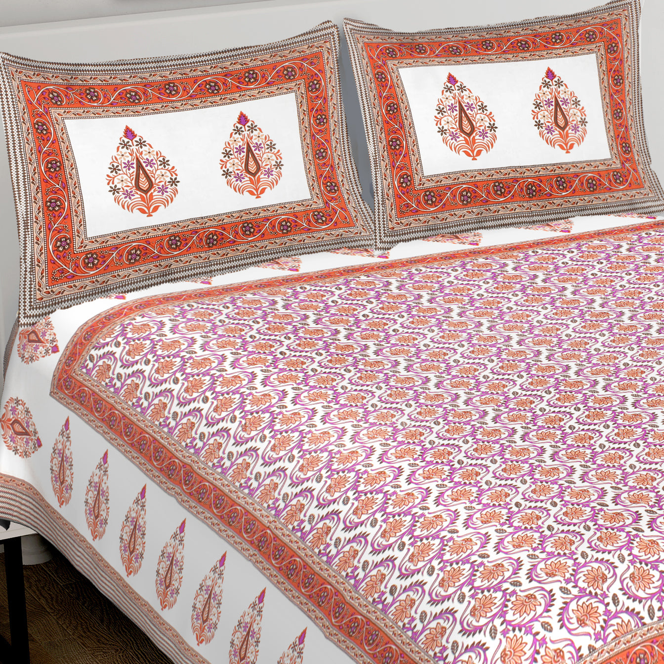 Jaipuri Bedsheet 100% Cotton Rajasthani Traditional Super King Size Bedsheet with 2 Pillow Cover 100*108 www,JaipurToHome.com