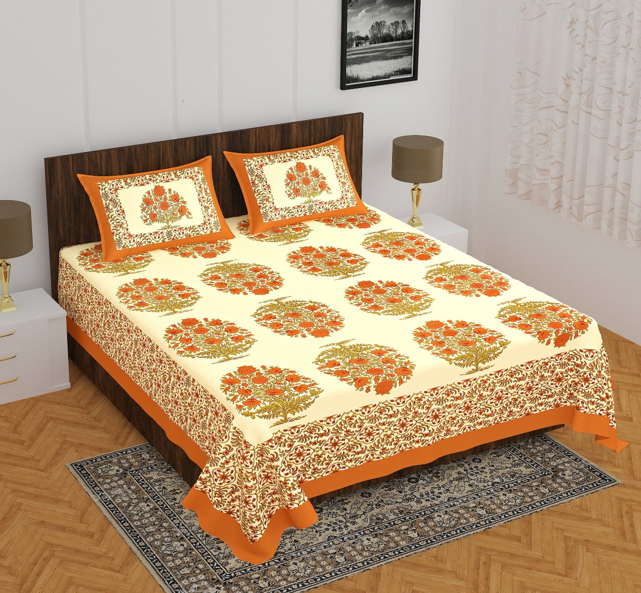 Rajasthani Trendy Bedsheet 100% Cotton Bedsheet 280-TC Cotton Queen Size Bedsheet With 2 Pillow Cover www.jaipurtohome.com