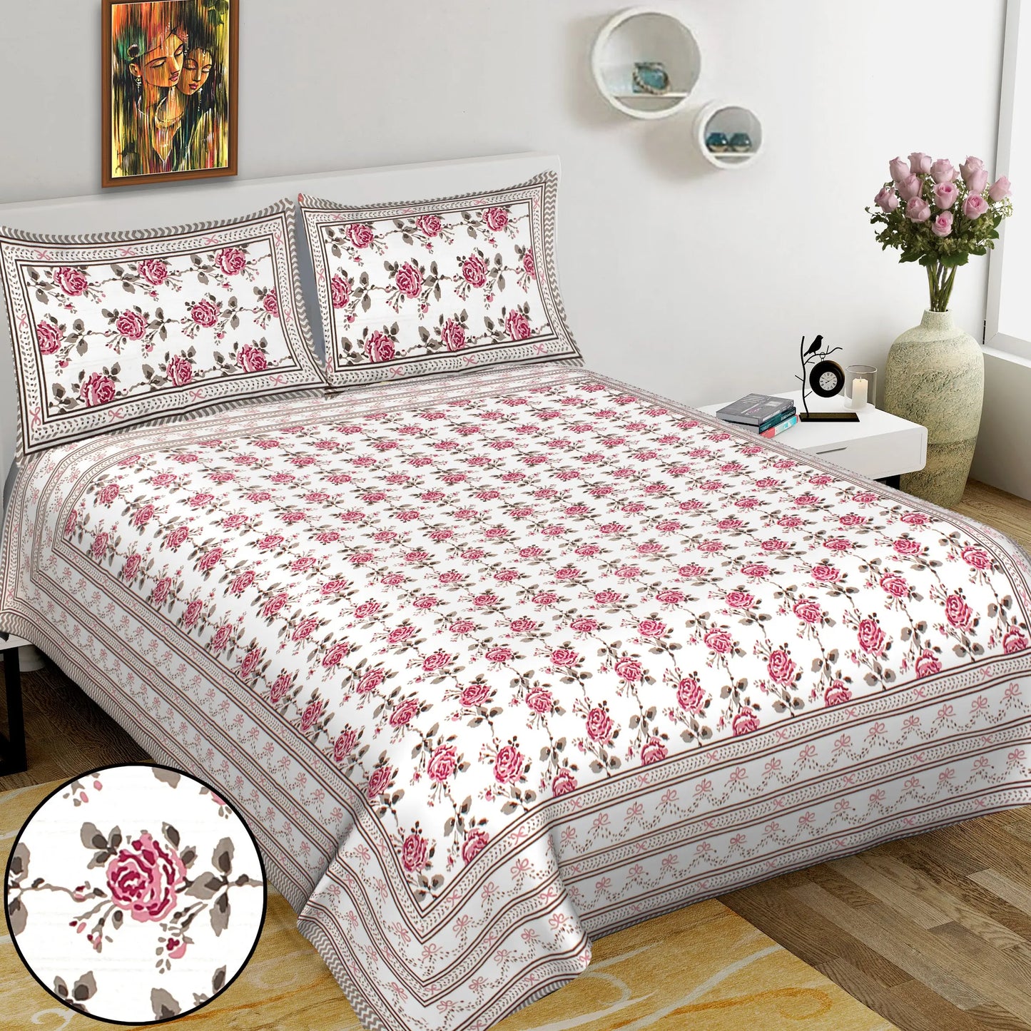 Jaipuri Bedsheet 100% Cotton Rajasthani Traditional Super King Size Bedsheet with 2 Pillow Cover 100*108 www,JaipurToHome.com