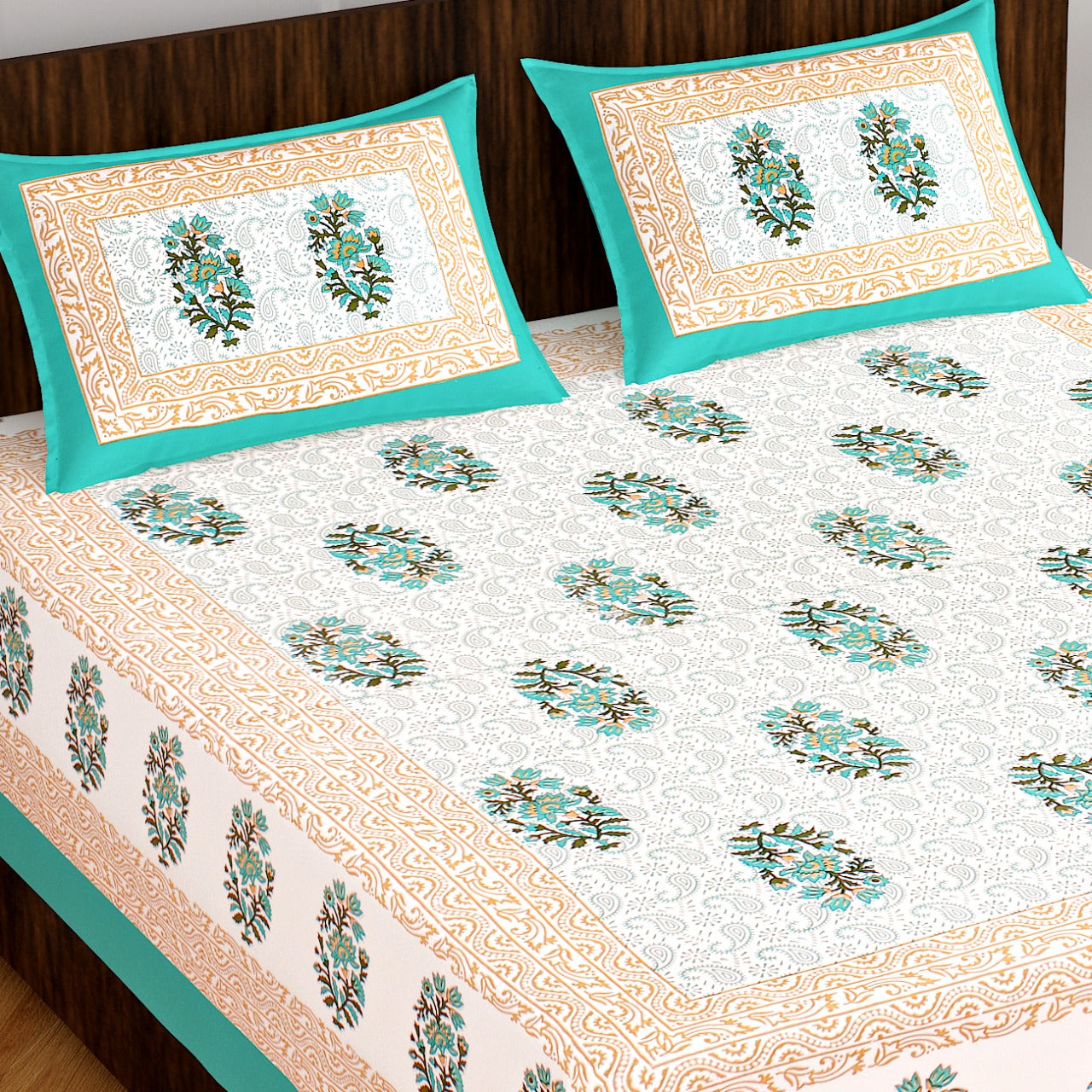 JAIPURI 100% Cotton Rajasthani Jaipuri Queen Size Bedsheet with 2 Pillow Cover. www.jaipurtohome.com