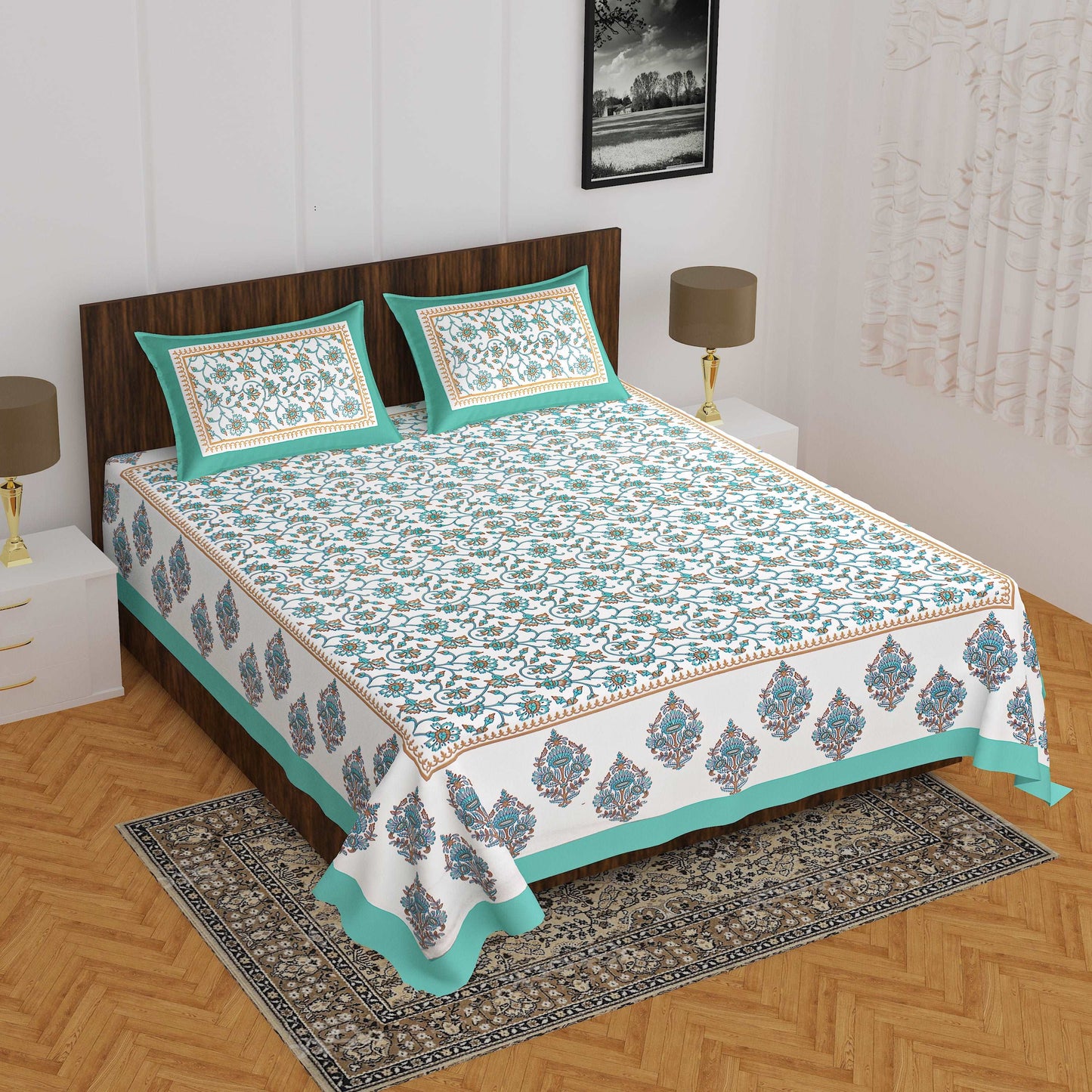 100% Cotton Bedsheet 280-TC Cotton Queen Size Bedsheet With 2 Pillow Cover www.jaipurtohome.com