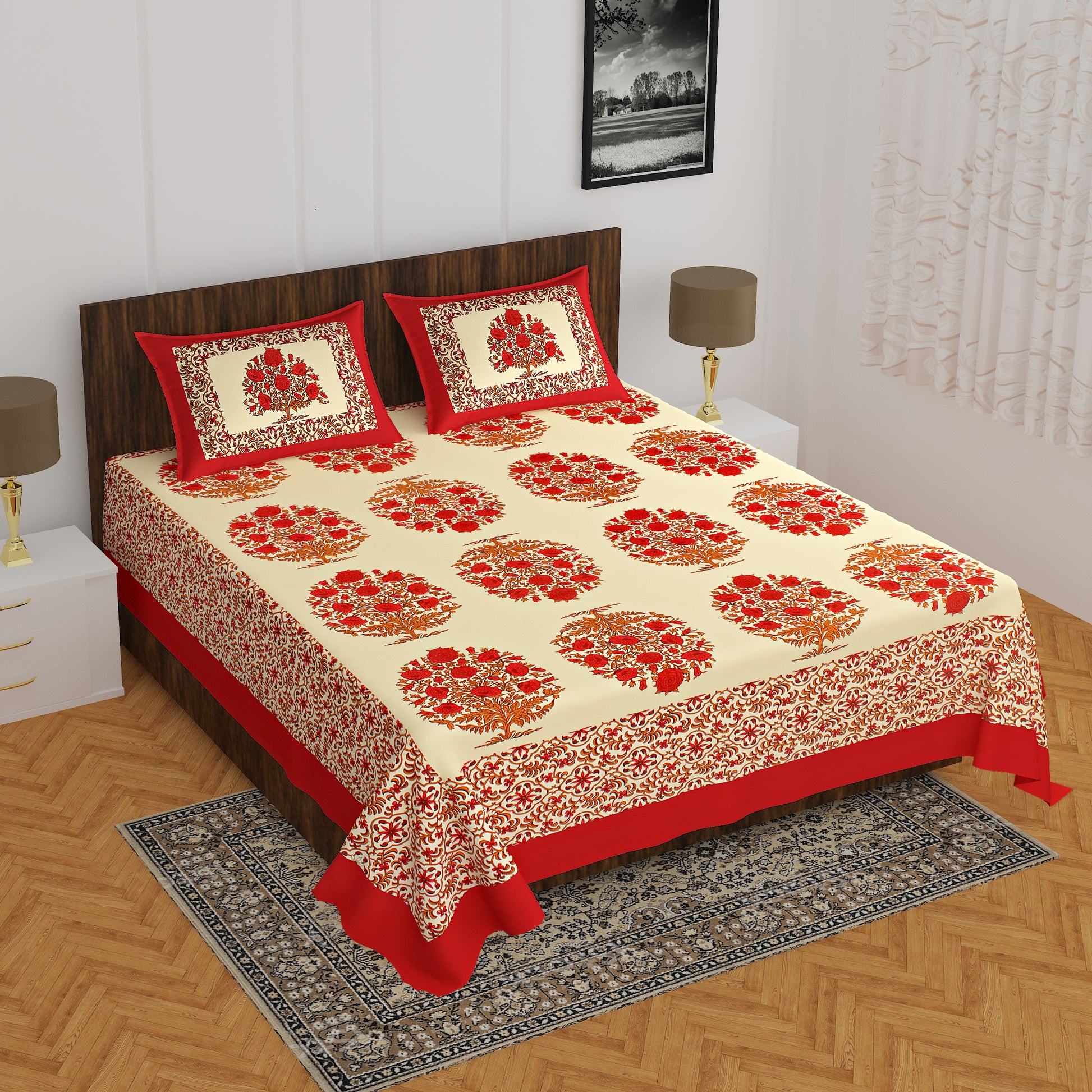 Rajasthani Trendy Bedsheet 100% Cotton Bedsheet 280-TC Cotton Queen Size Bedsheet With 2 Pillow Cover www.jaipurtohome.com