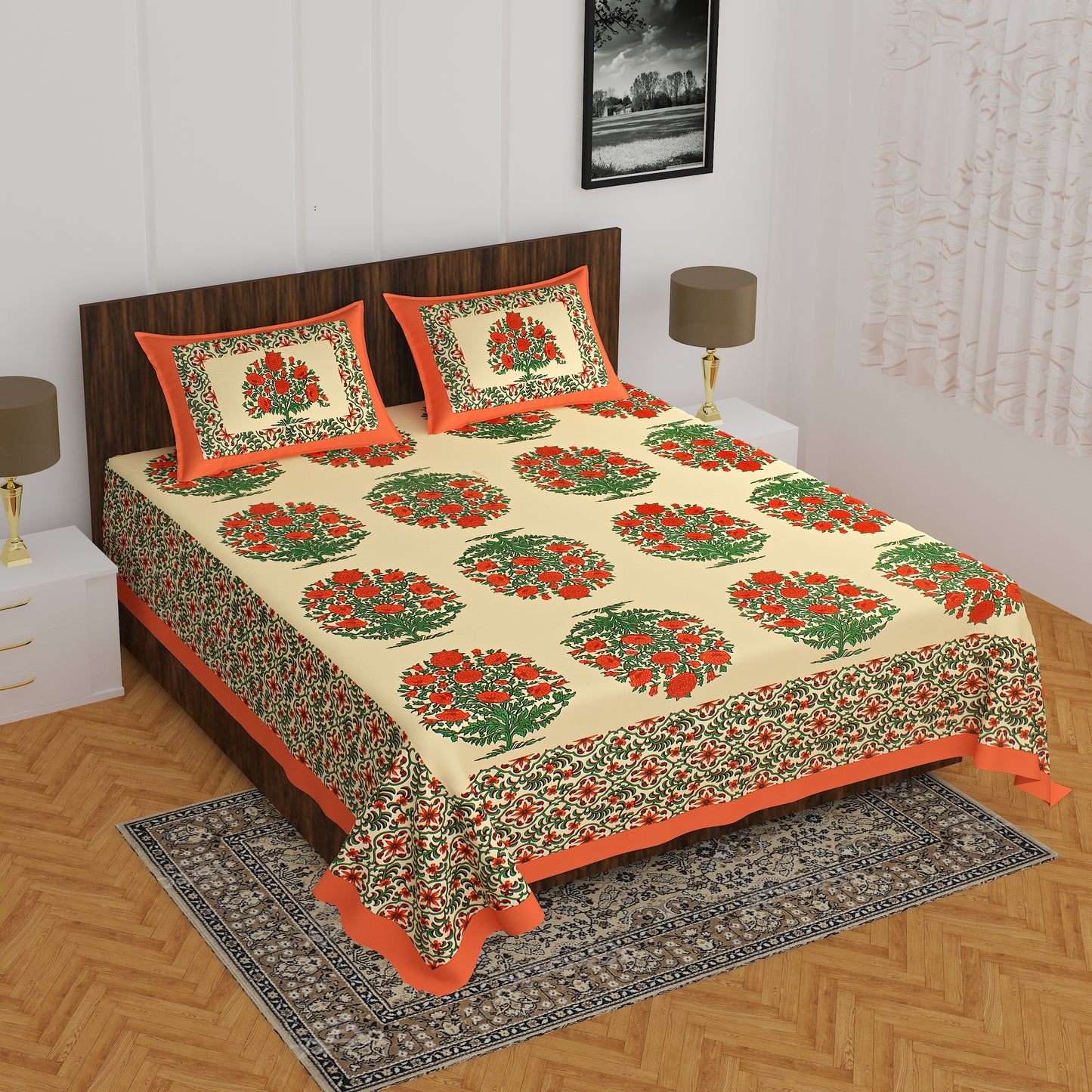 Rajasthani Trendy Bedsheet 100% Cotton Bedsheet 280-TC Cotton Queen Size Bedsheet With 2 Pillow Cover www.jaipurtohome.com