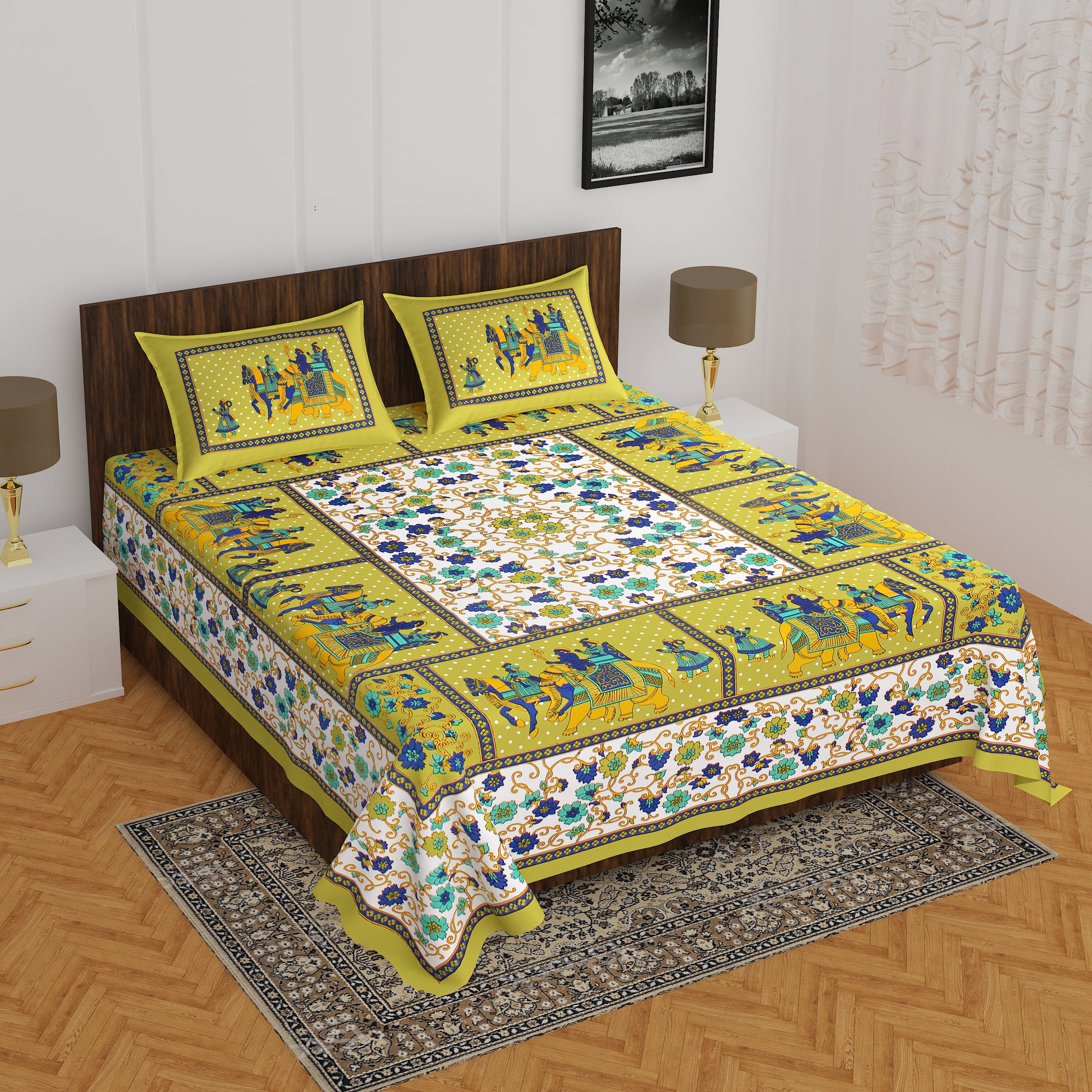 Rajasthani Trendy Bedsheet 100% Cotton Bedsheet 280-TC Cotton Queen Size Bedsheet With 2 Pillow Cover www.jaipurtohome.com