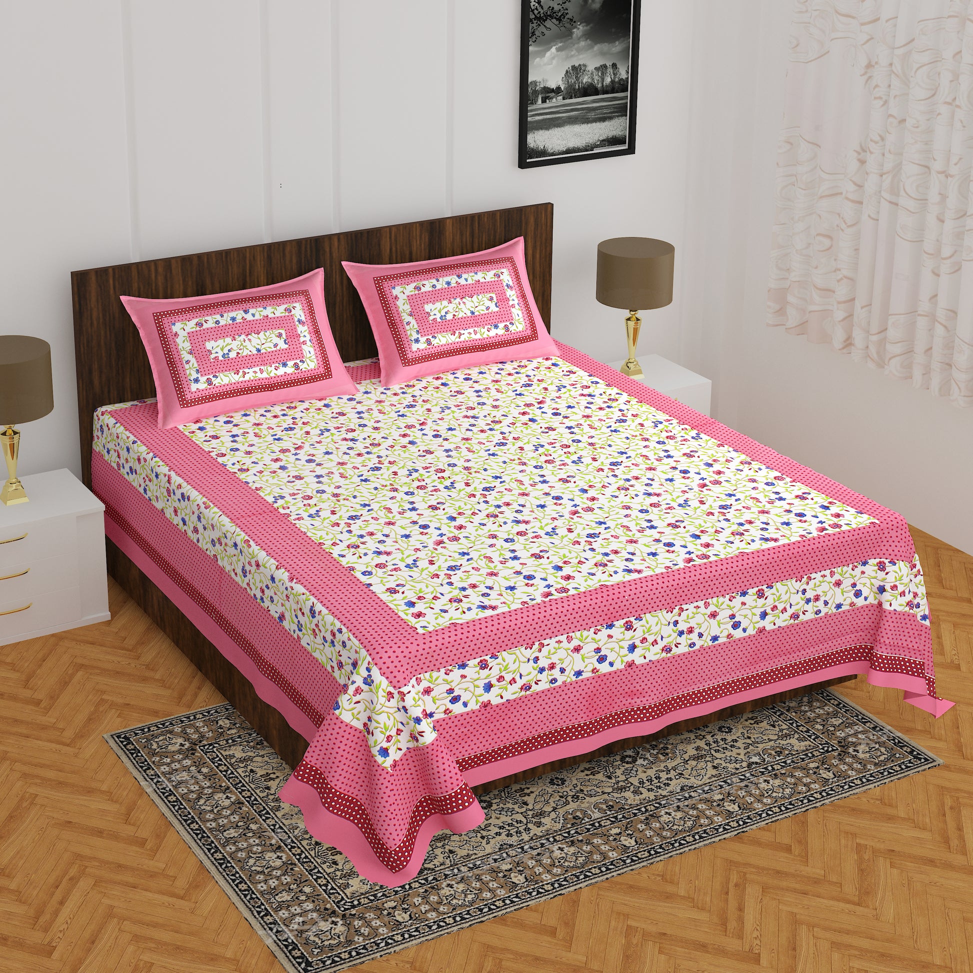 Jaipuri Trendy Bedsheet 100% Cotton Rajasthani Traditional  Queen Bedsheet with 2 Pillow Cover 90*100 www,JaipurToHome.com