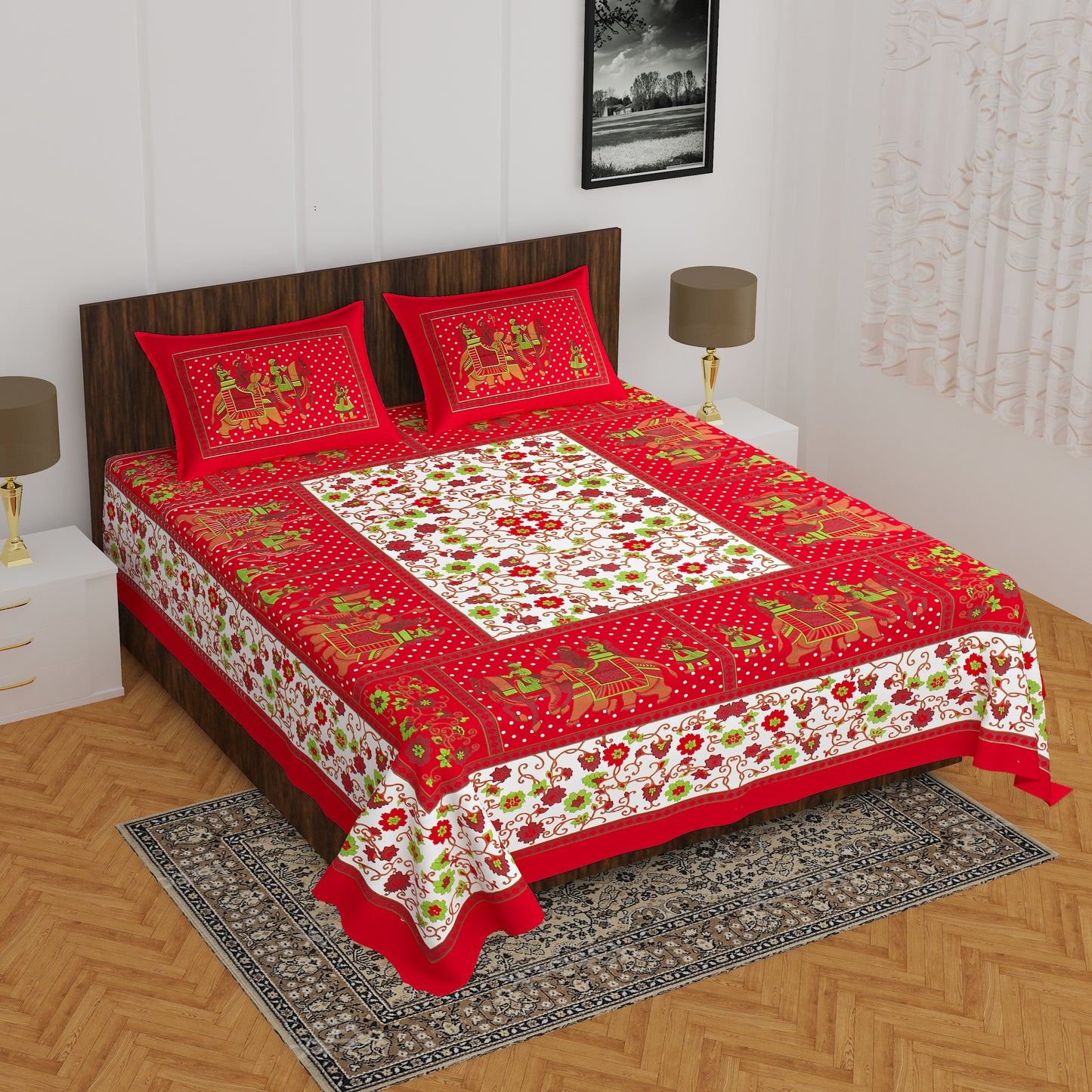 Rajasthani Trendy Bedsheet 100% Cotton Bedsheet 280-TC Cotton Queen Size Bedsheet With 2 Pillow Cover www.jaipurtohome.com