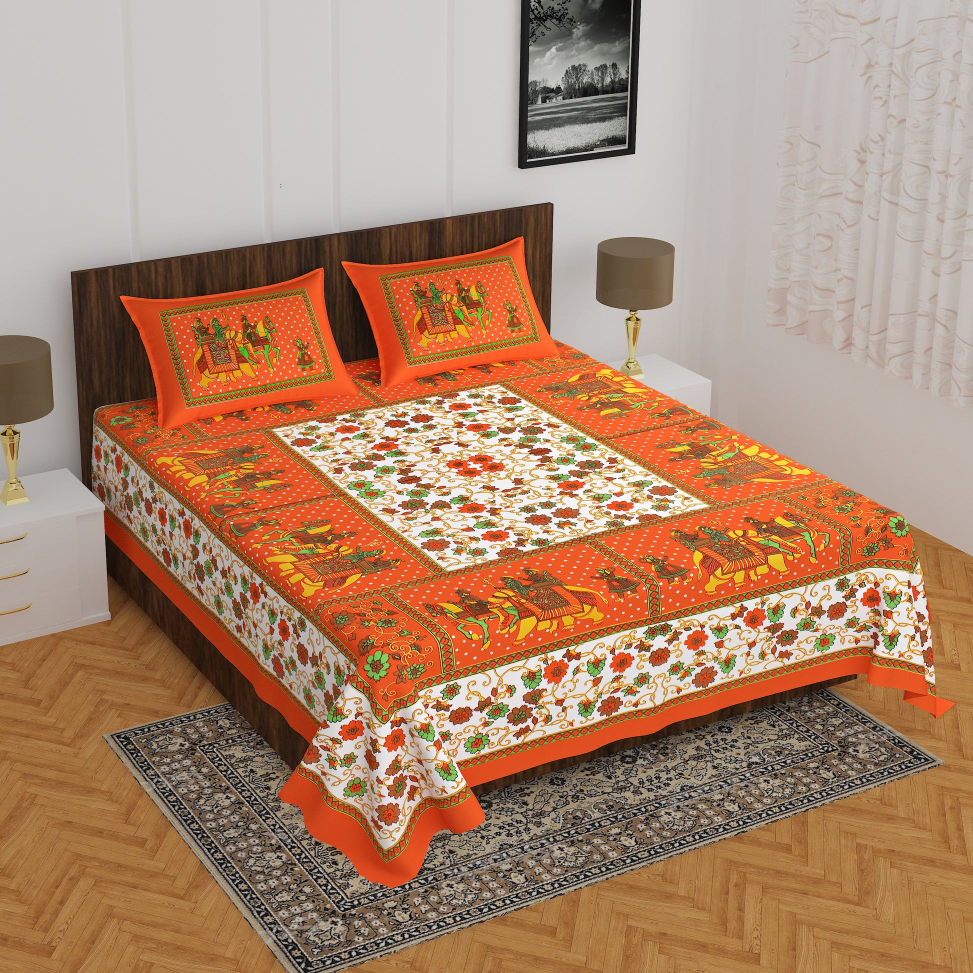 Rajasthani Trendy Bedsheet 100% Cotton Bedsheet 280-TC Cotton Queen Size Bedsheet With 2 Pillow Cover www.jaipurtohome.com
