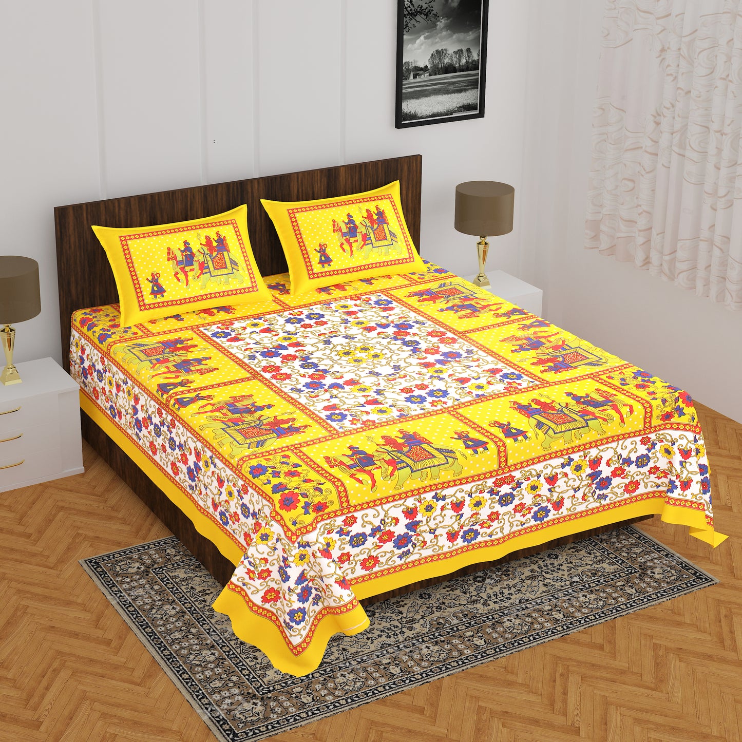 Rajasthani Trendy Bedsheet 100% Cotton Bedsheet 280-TC Cotton Queen Size Bedsheet With 2 Pillow Cover www.jaipurtohome.com