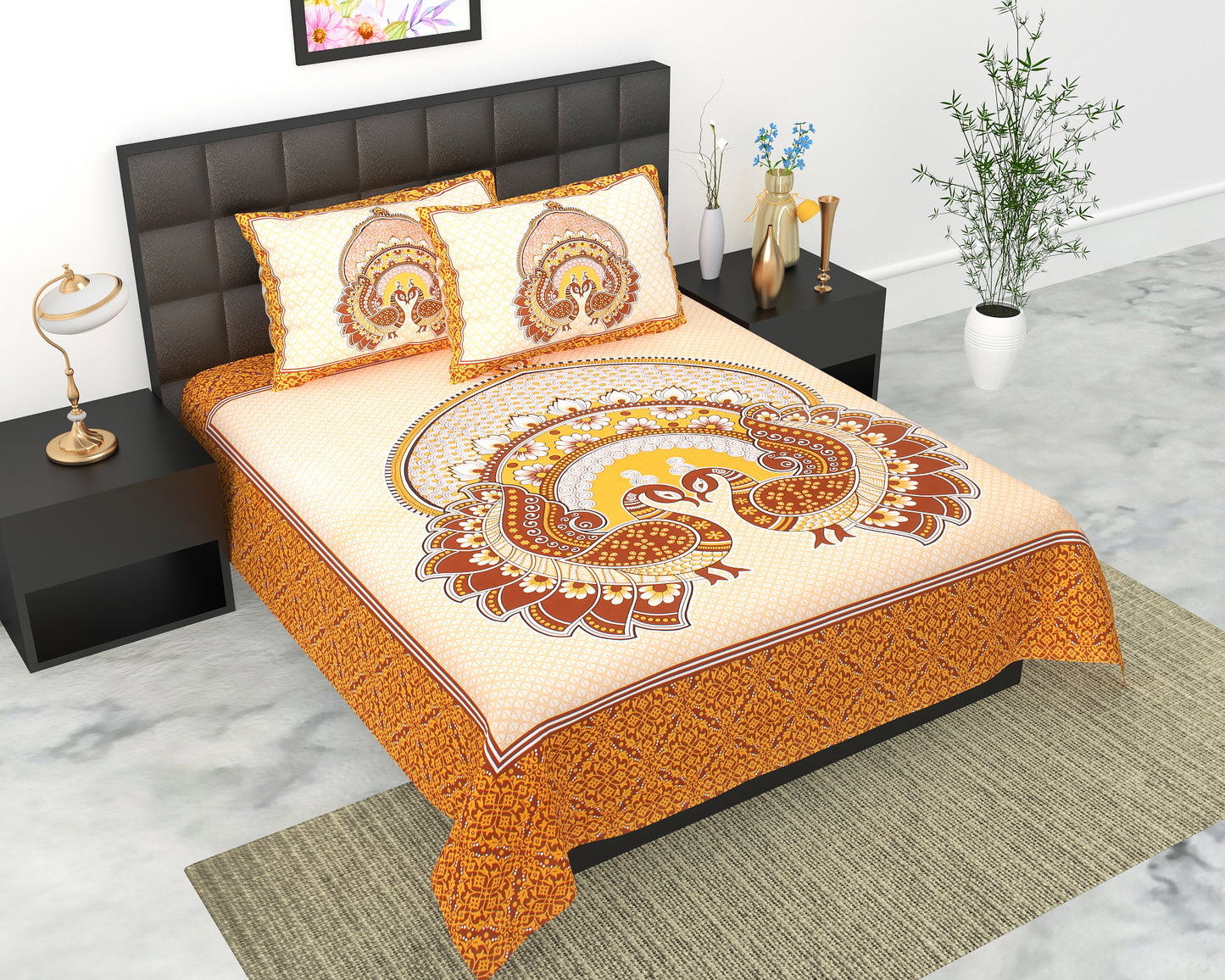 Royal Jaipuri Mayur Bedsheet 100% Cotton Queen Size Bedsheet With 2 Pillow Cover Set