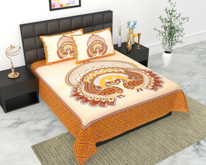 Royal Jaipuri Mayur Bedsheet 100% Cotton Queen Size Bedsheet With 2 Pillow Cover Set
