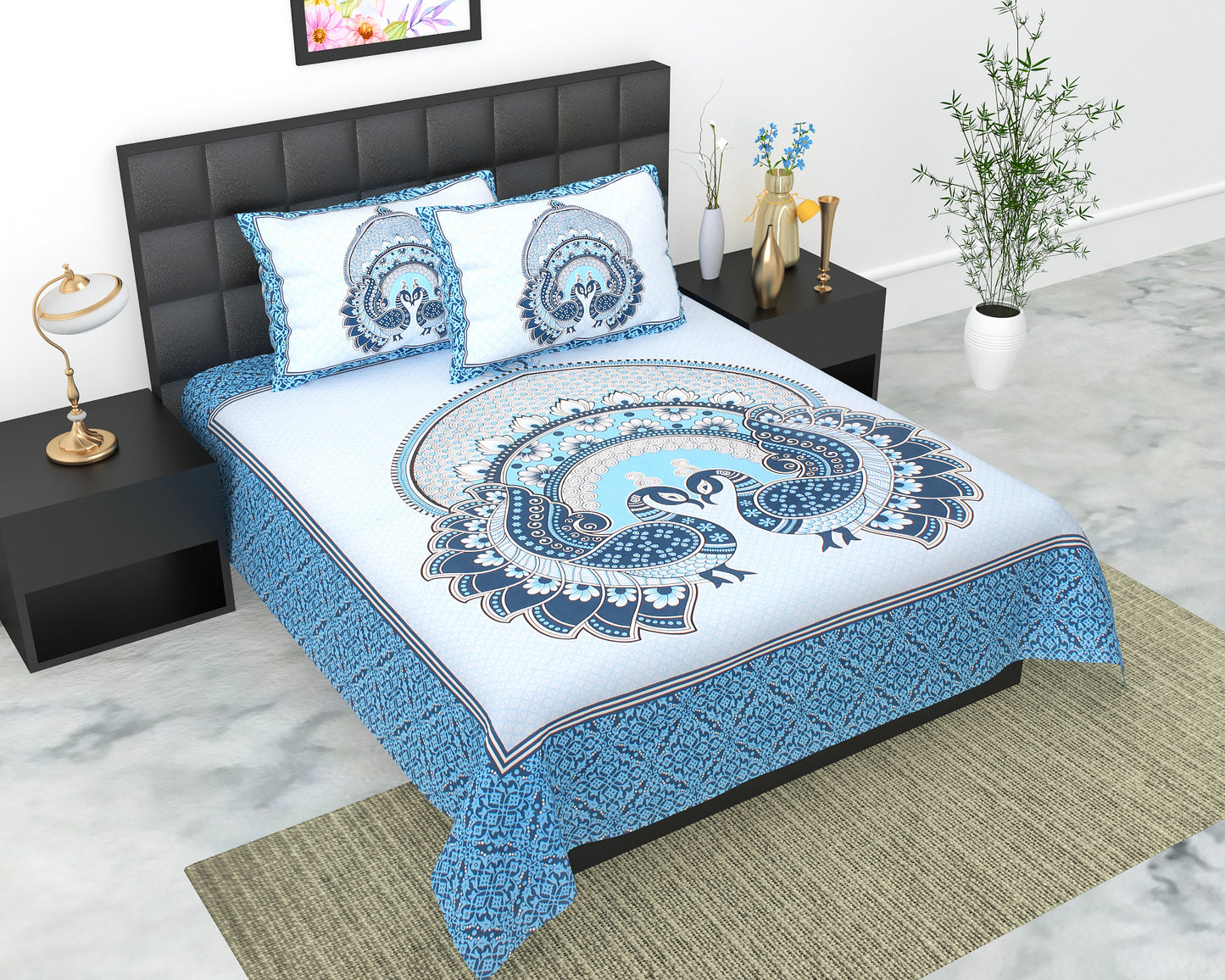 Royal Jaipuri Mayur Bedsheet 100% Cotton Queen Size Bedsheet With 2 Pillow Cover Set