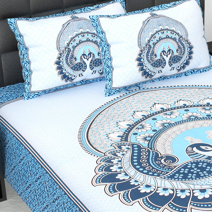 Royal Jaipuri Mayur Bedsheet 100% Cotton Queen Size Bedsheet With 2 Pillow Cover Set