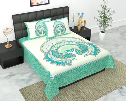 Royal Jaipuri Mayur Bedsheet 100% Cotton Queen Size Bedsheet With 2 Pillow Cover Set